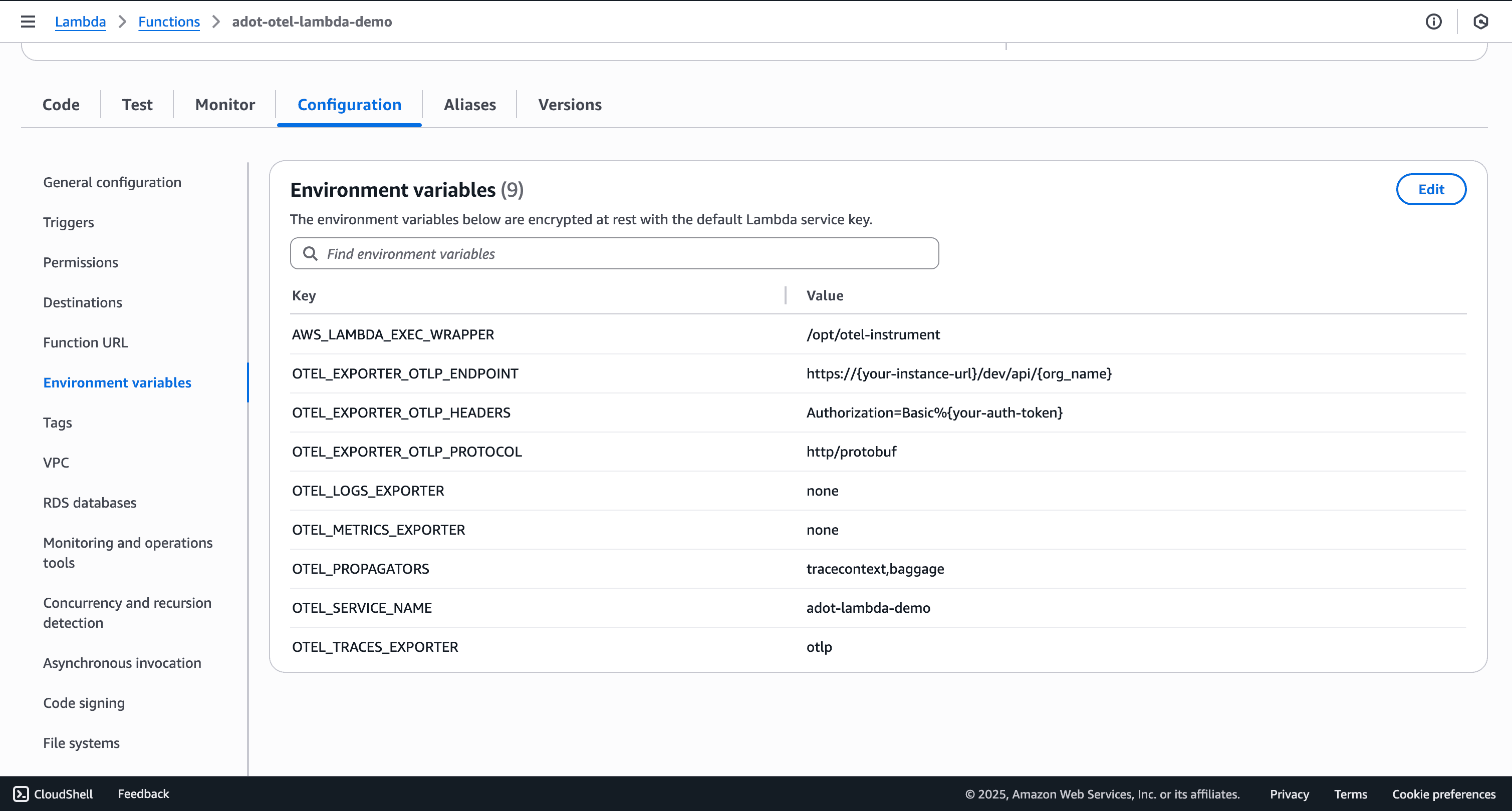 Configure Environment variables for Lambda service