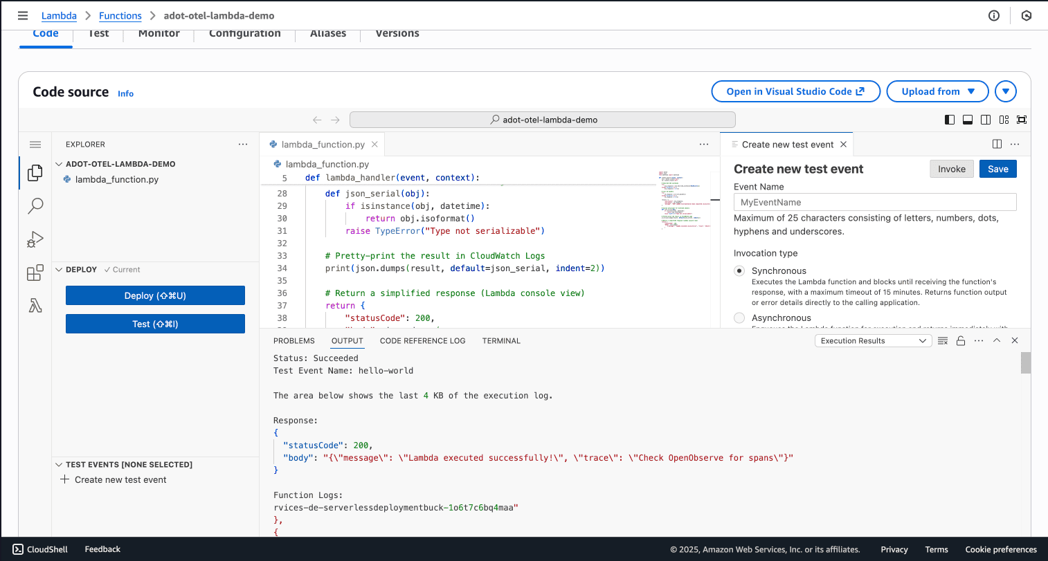 lambda function test successful