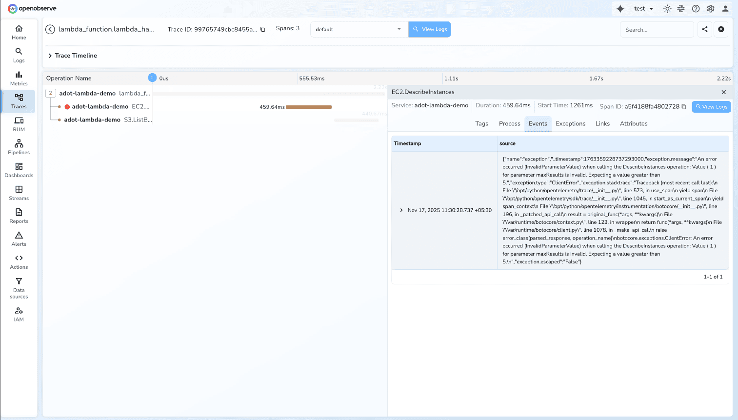 Trace Event for Error Span