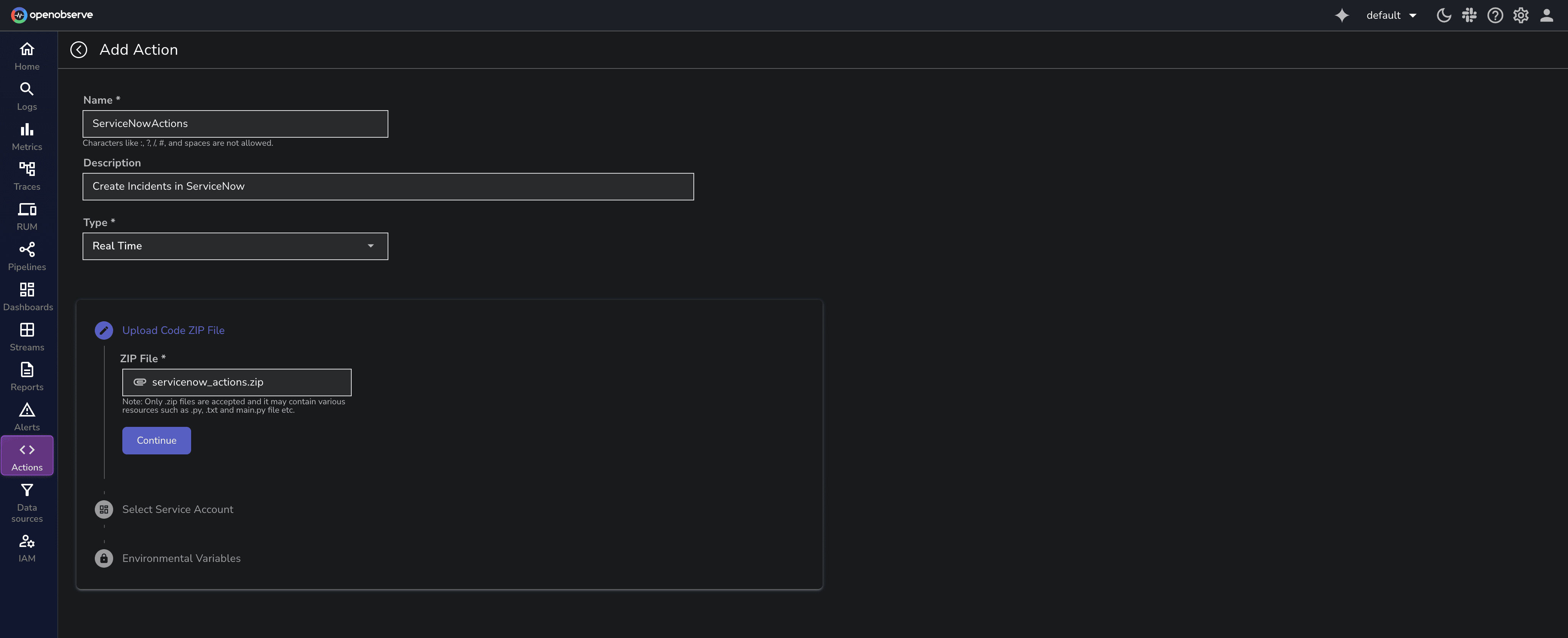 Action UI in OpenObserve