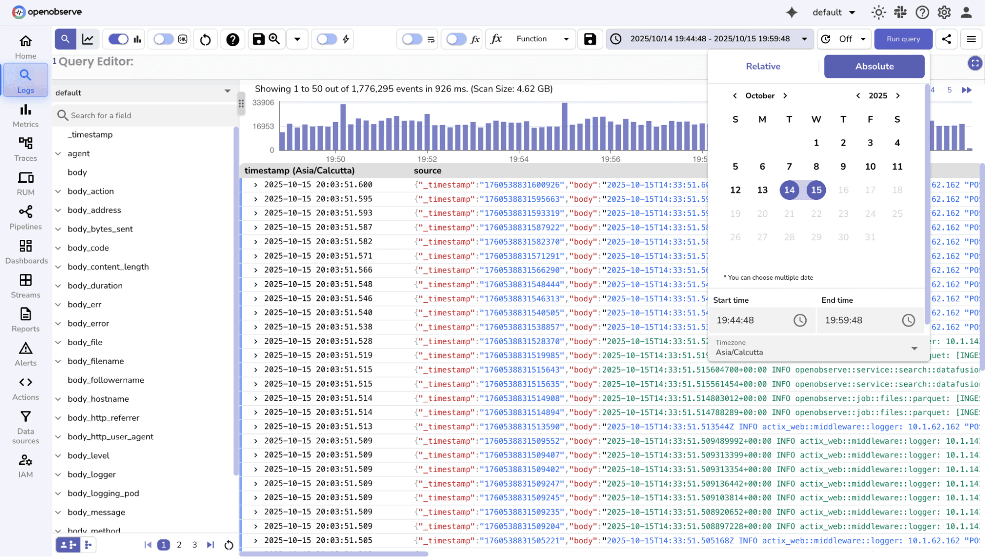 Absolute time based log filtering