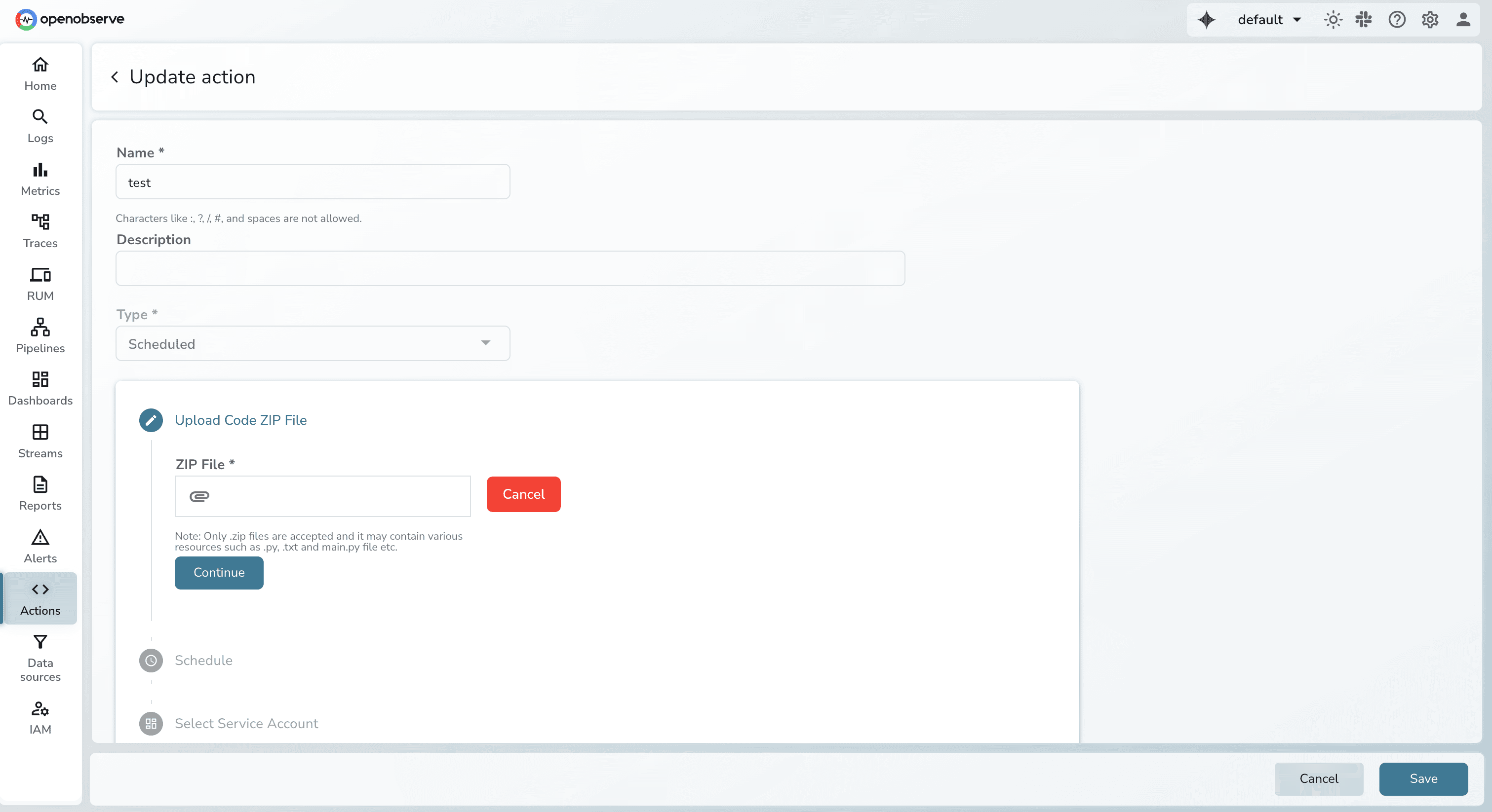 Actions in OpenObserve