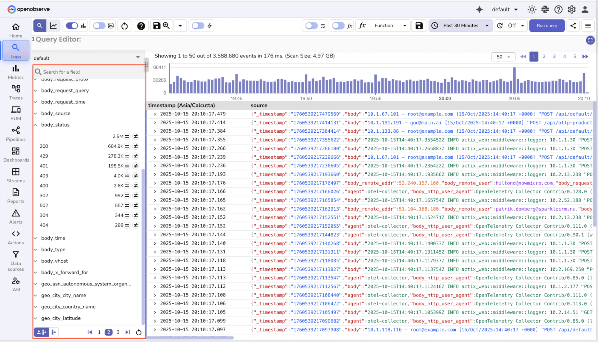 OpenObserve automatically extracts fields from logs
