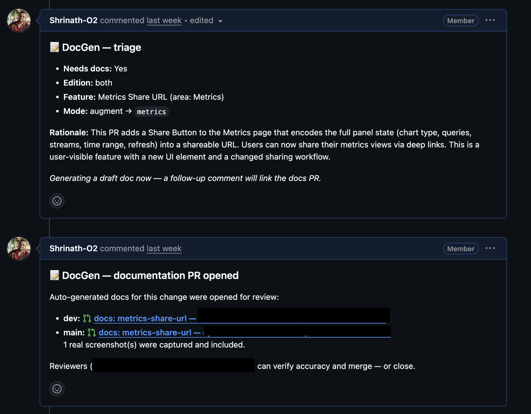 DocGen triaging a real PR, then following up once the documentation PR is open for review