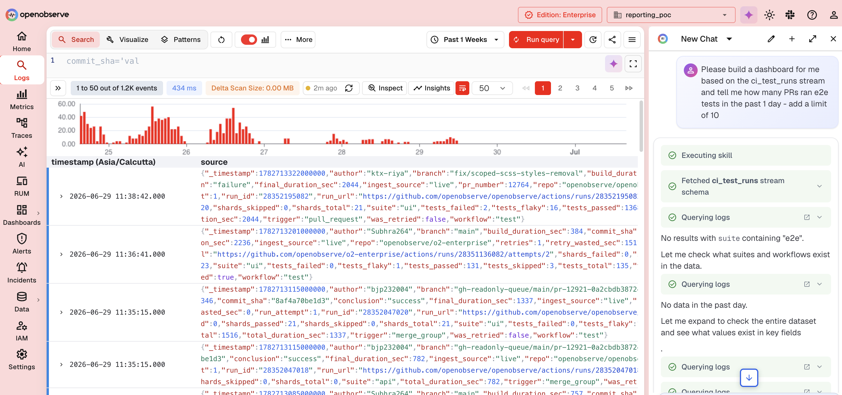 The same O2 Assistant session working against the raw ci_test_runs logs in the Logs view