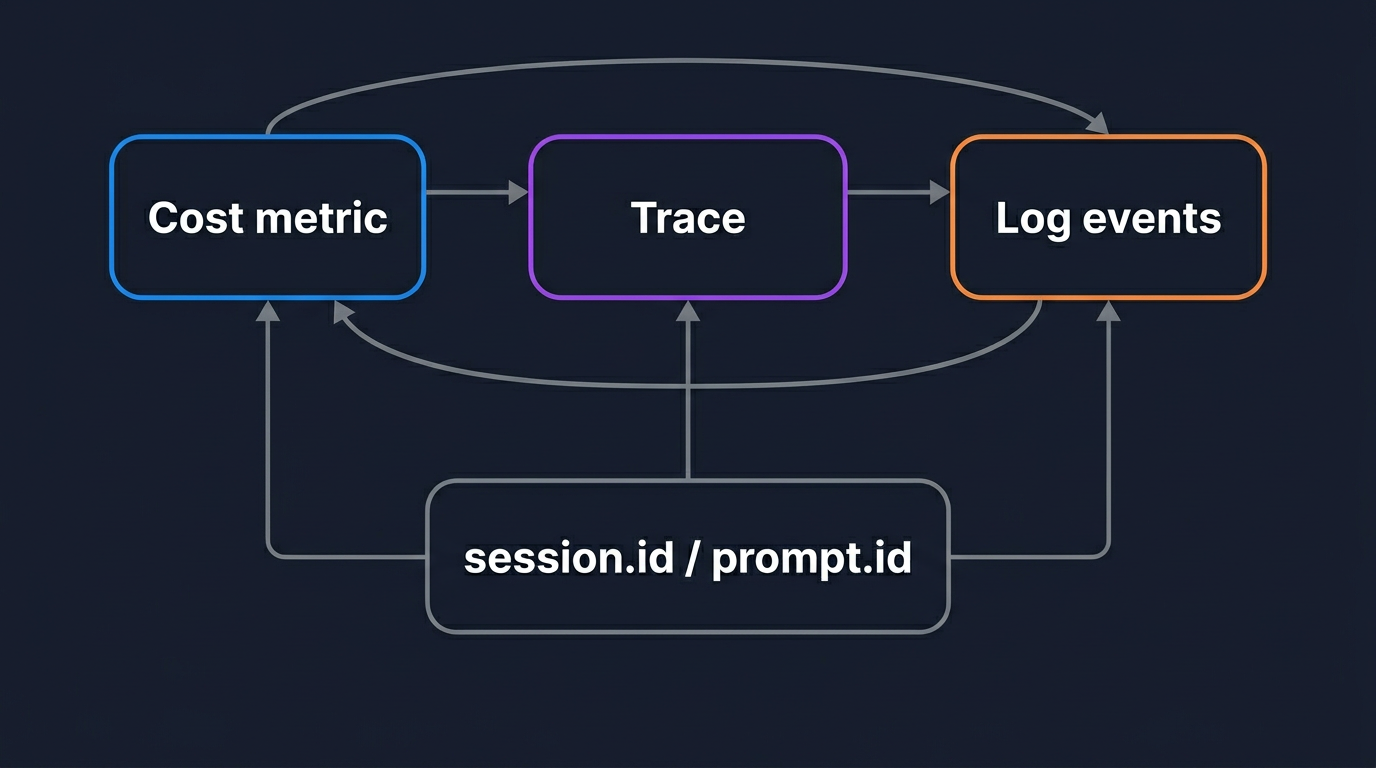 Cost metric, trace, and log events linked in an investigation loop by the shared session.id and prompt.id keys
