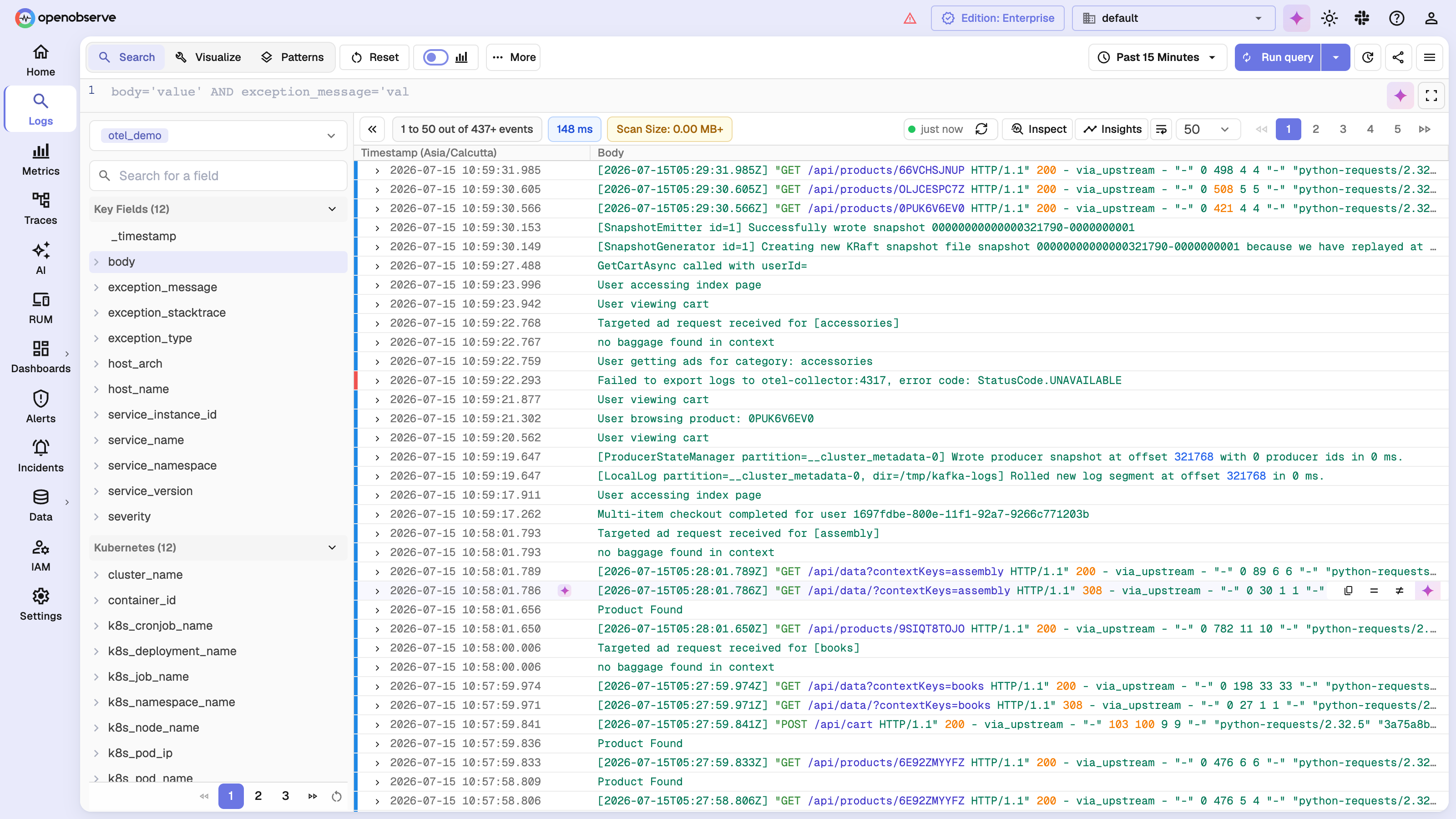 The redesigned OpenObserve logs page showing readable log messages in a default body column, a grouped field list, and syntax highlighting, rather than a raw source dump