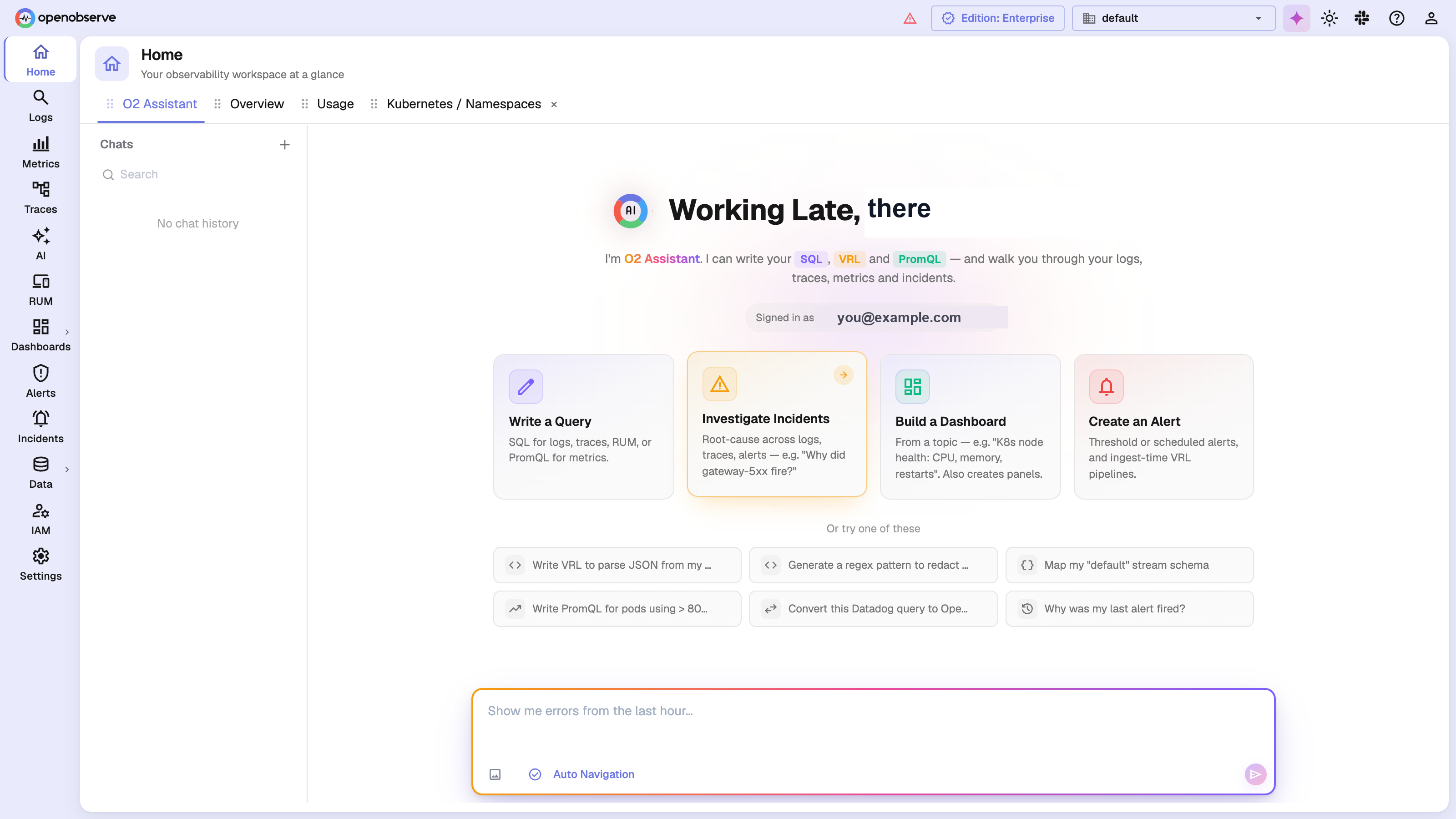 The redesigned OpenObserve home screen with a left navigation rail that pairs each icon with a text label