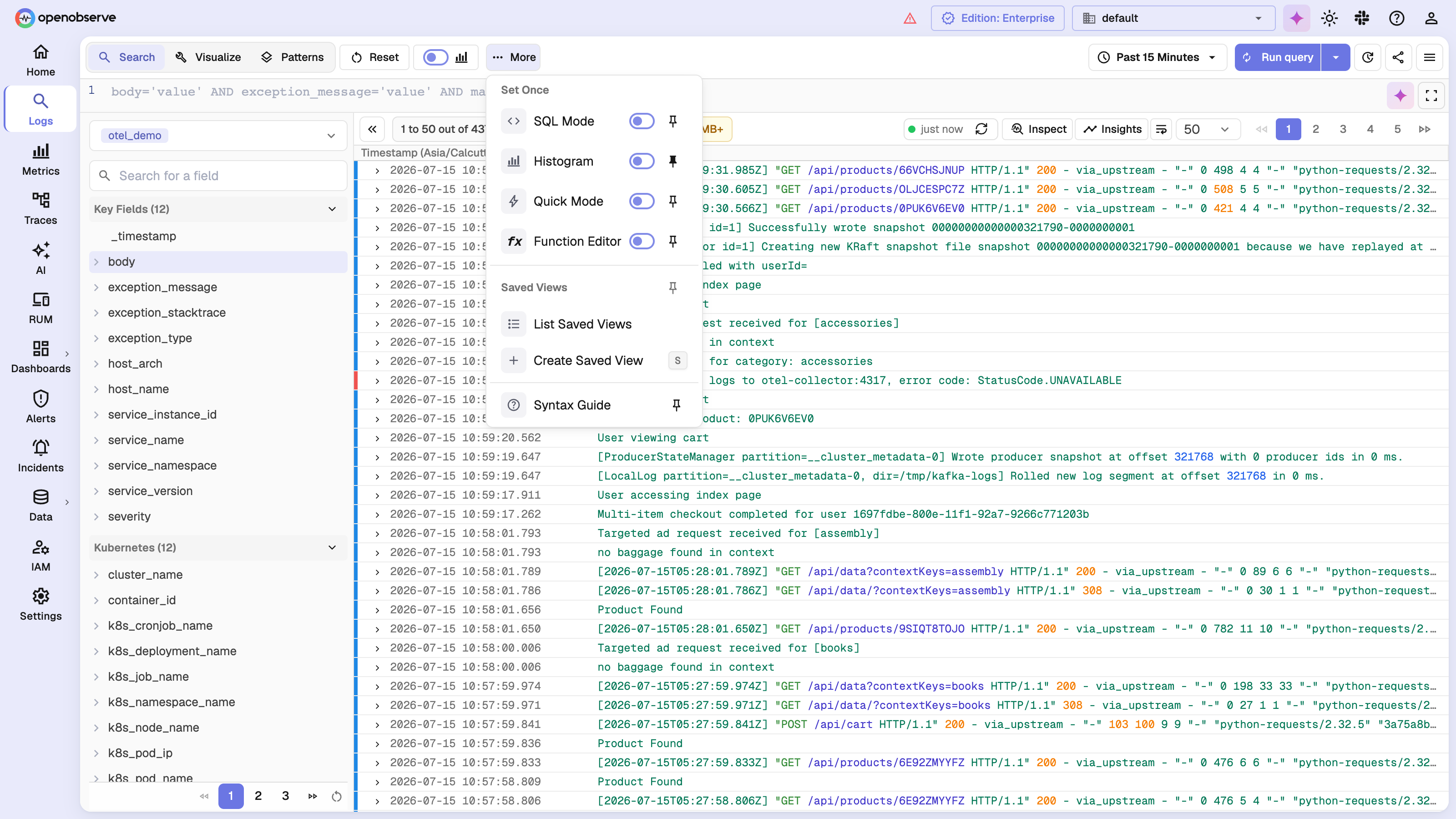 The logs toolbar menu in OpenObserve with pin icons next to histogram, quick mode, SQL mode, saved views, and syntax guide