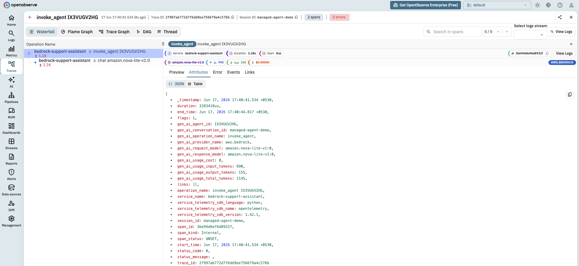 Managed Bedrock Agent trace in OpenObserve: an invoke_agent span with gen_ai.provider.name aws.bedrock and a child chat span carrying token counts