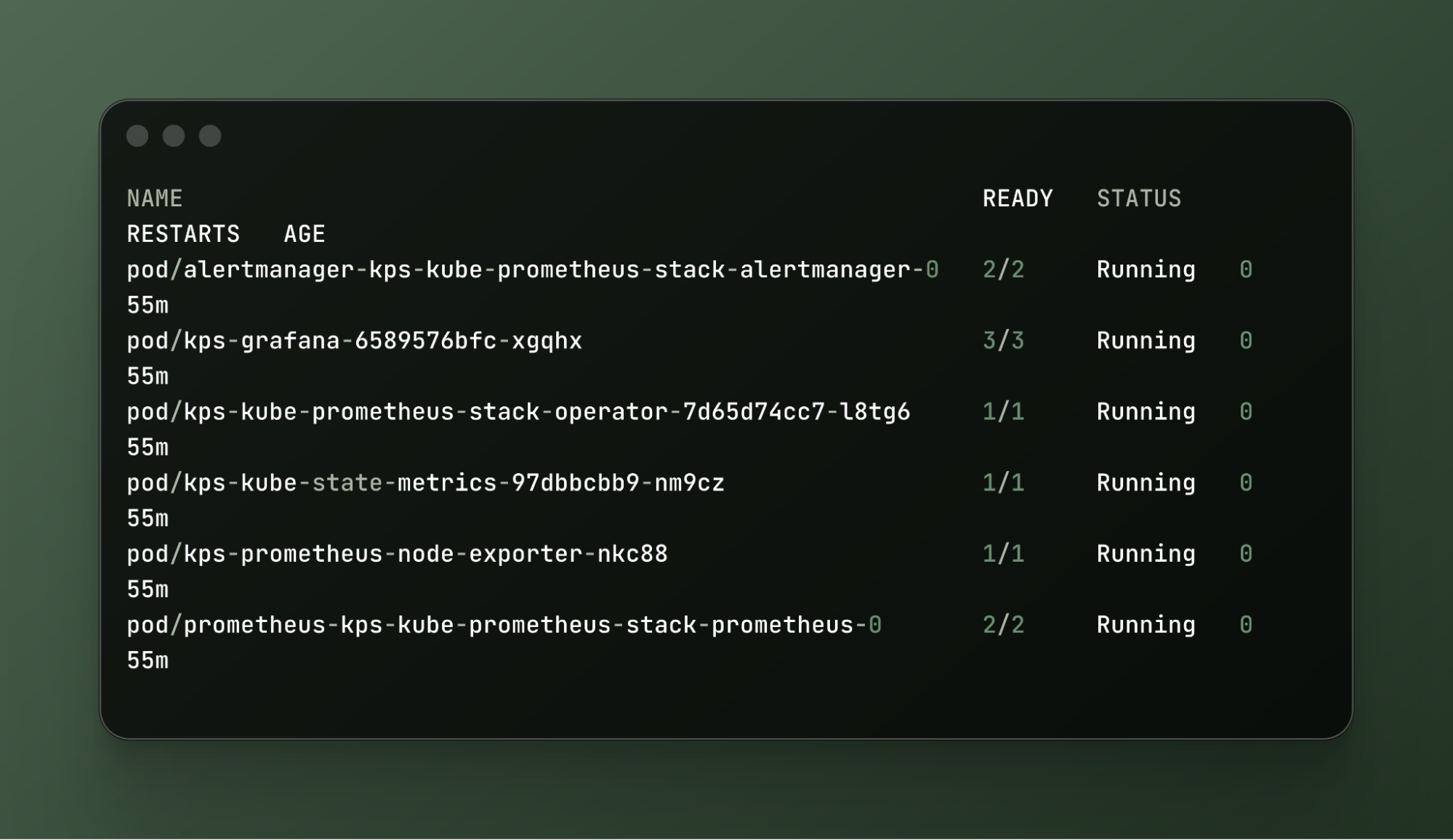 kubectl output showing kube-prometheus-stack pods running in the observability namespace: Alertmanager, Grafana, Prometheus Operator, kube-state-metrics, node-exporter, and Prometheus