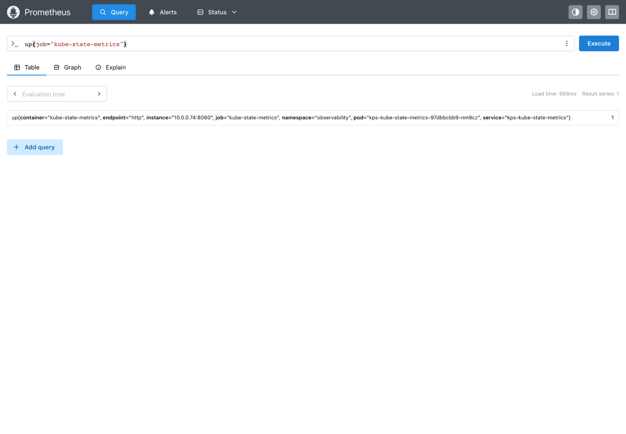 Prometheus UI running the query up{job=