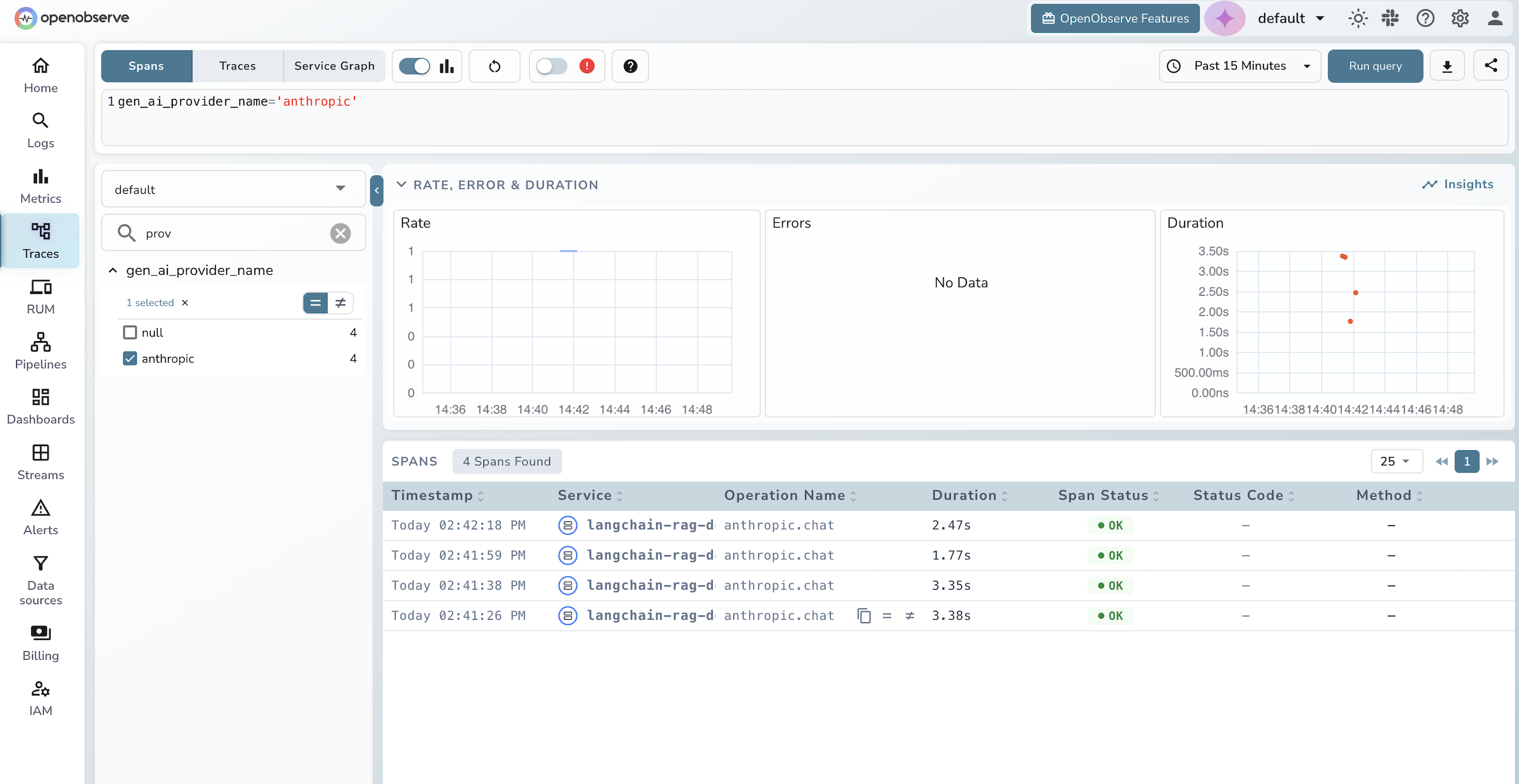 OpenObserve query editor filtering spans by Anthropic provider