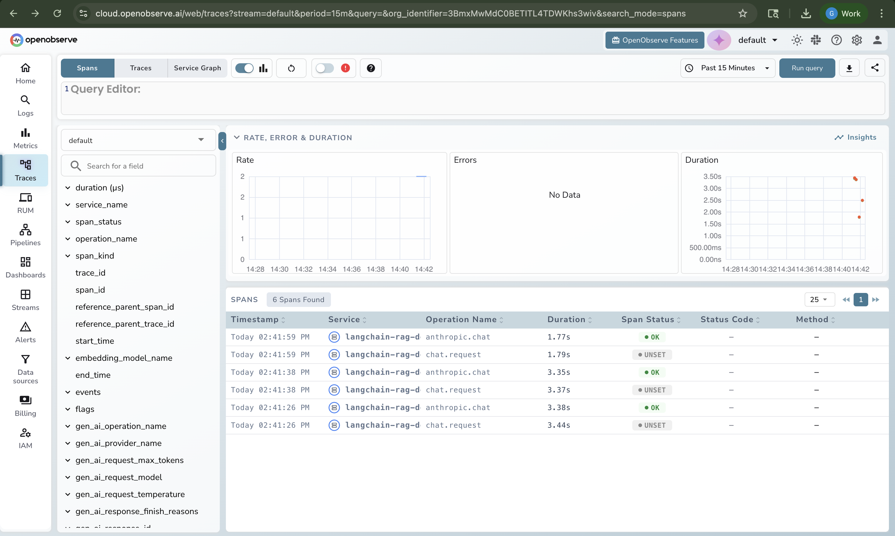 OpenObserve trace list showing LlamaIndex RAG query executions with duration and span count