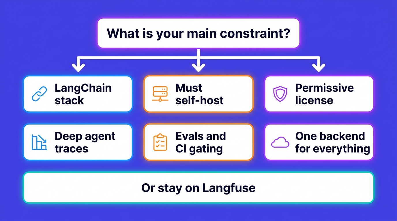 Choosing a Langfuse alternative by main constraint: LangChain stack, must self-host, permissive license, deep agent traces, evals and CI gating, or one backend for everything, with staying on Langfuse as a valid option