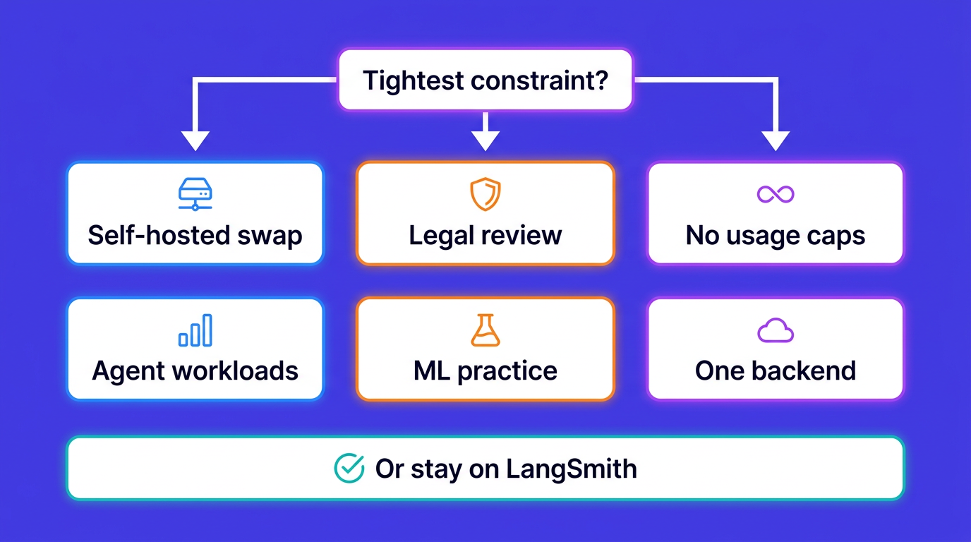 Choosing a LangSmith alternative by tightest constraint: closest self-hosted swap, strictest legal review, uncapped self-hosting, agent workloads, an existing ML practice, or one backend for everything, with staying on LangSmith as a valid option
