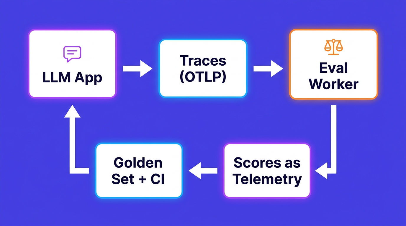 Reference architecture cycle from LLM app through OTLP traces, eval worker, scores as telemetry, and golden set plus CI back to the app