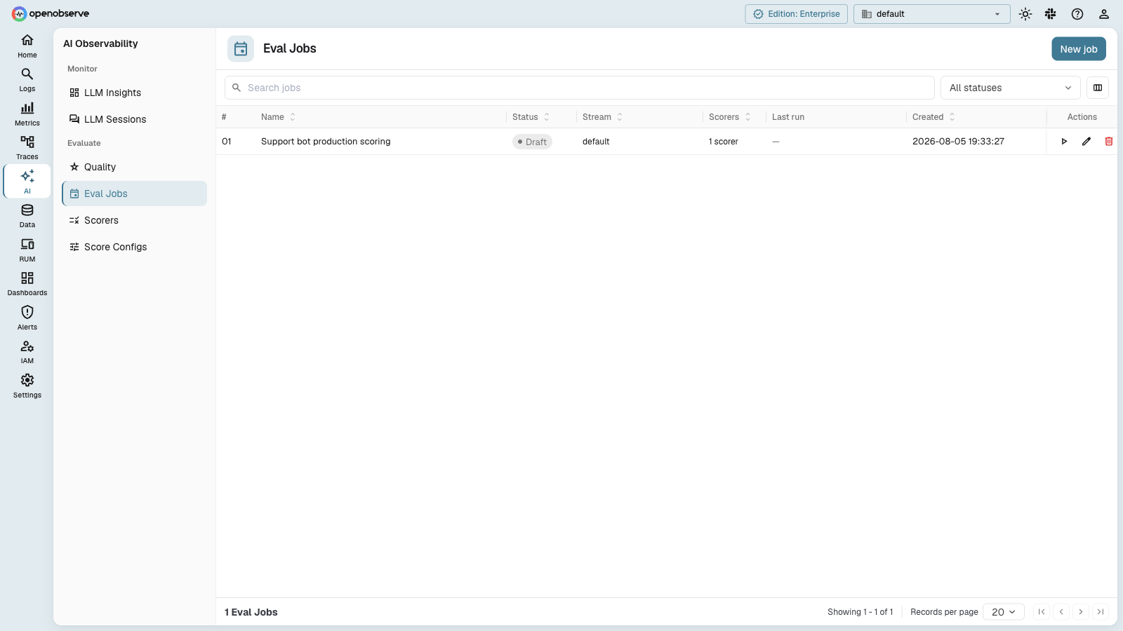OpenObserve eval jobs page with a draft job binding a scorer to the traces stream