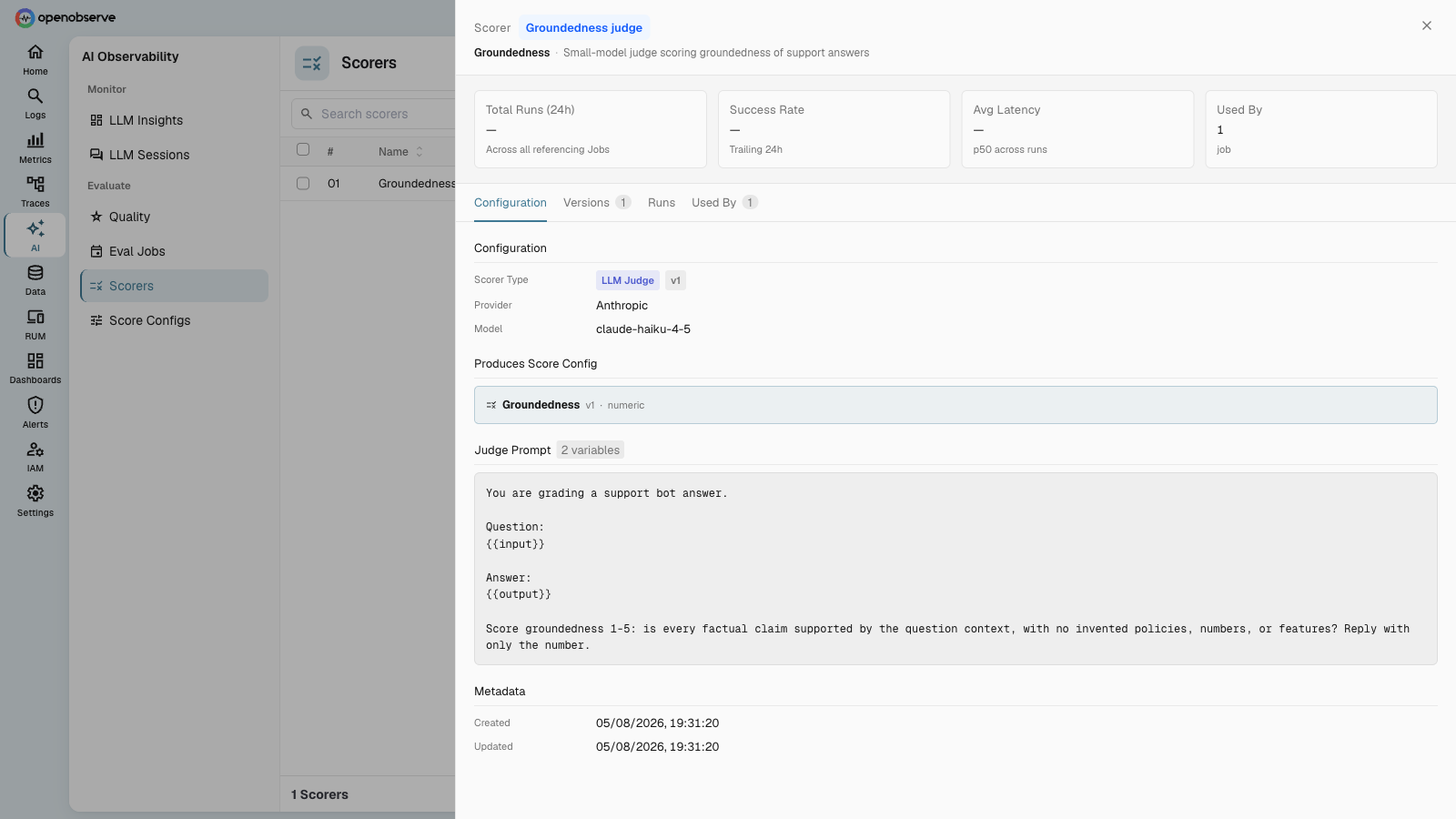 OpenObserve scorer detail showing an LLM judge with a groundedness prompt template and variables