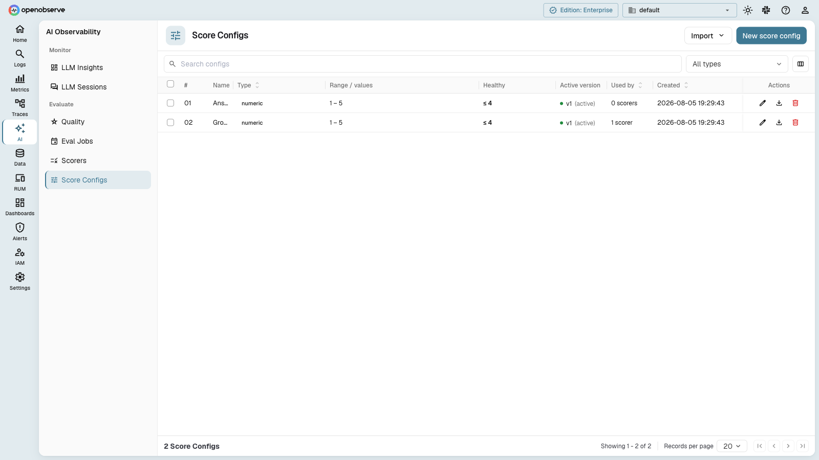 OpenObserve score configs page listing numeric score definitions with ranges and healthy thresholds