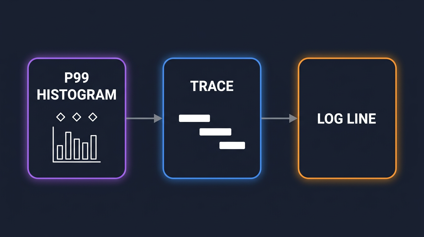 Three applications send OTLP to a single OpenTelemetry Collector, which routes traces, metrics, and logs through separate pipelines into one backend