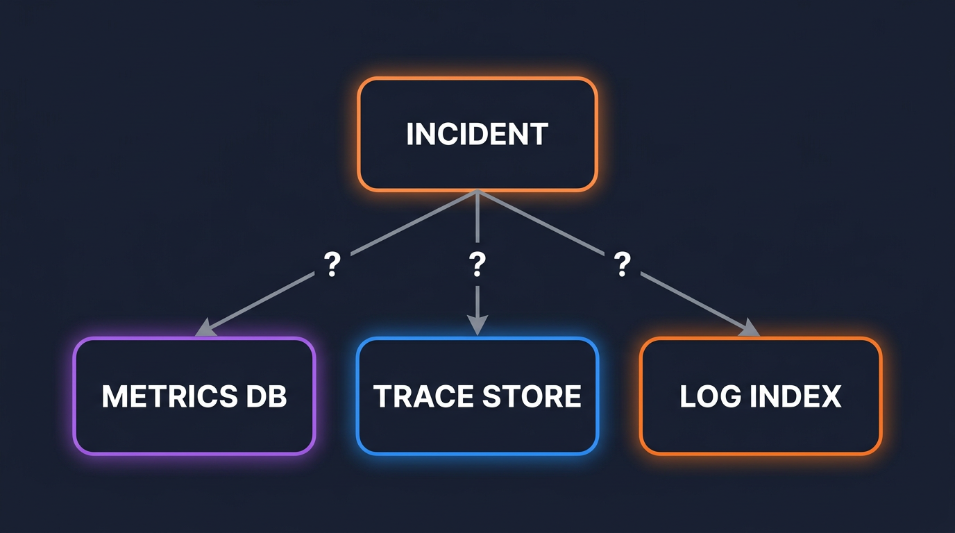 An incident points at three separate observability stores — metrics, traces, logs — with question marks on the arrows because nothing connects them