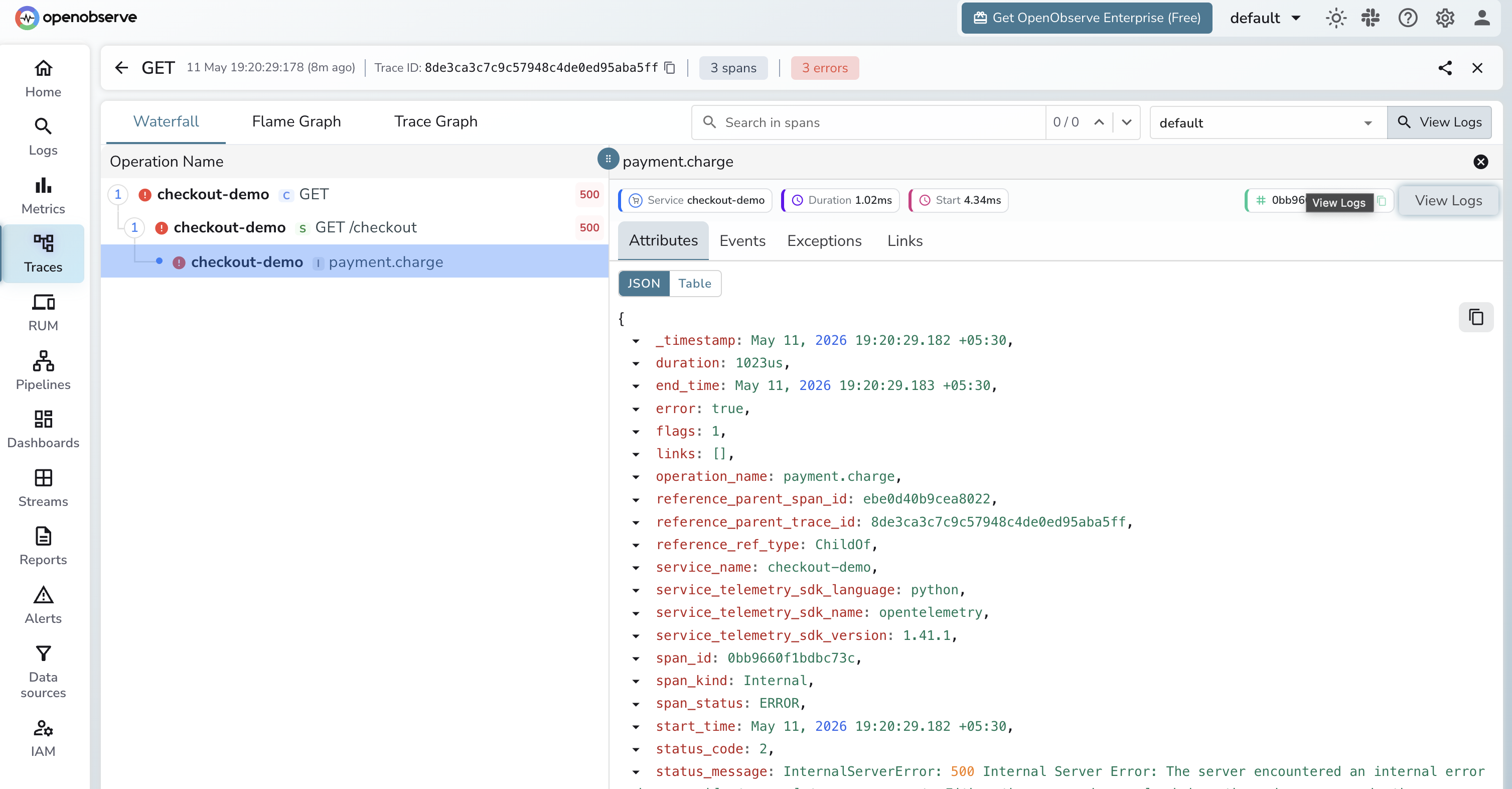 OpenObserve trace detail for one of the slow checkout requests: span waterfall on top, linked logs panel below filtered by `trace_id` and showing the matching error and slow_request lines