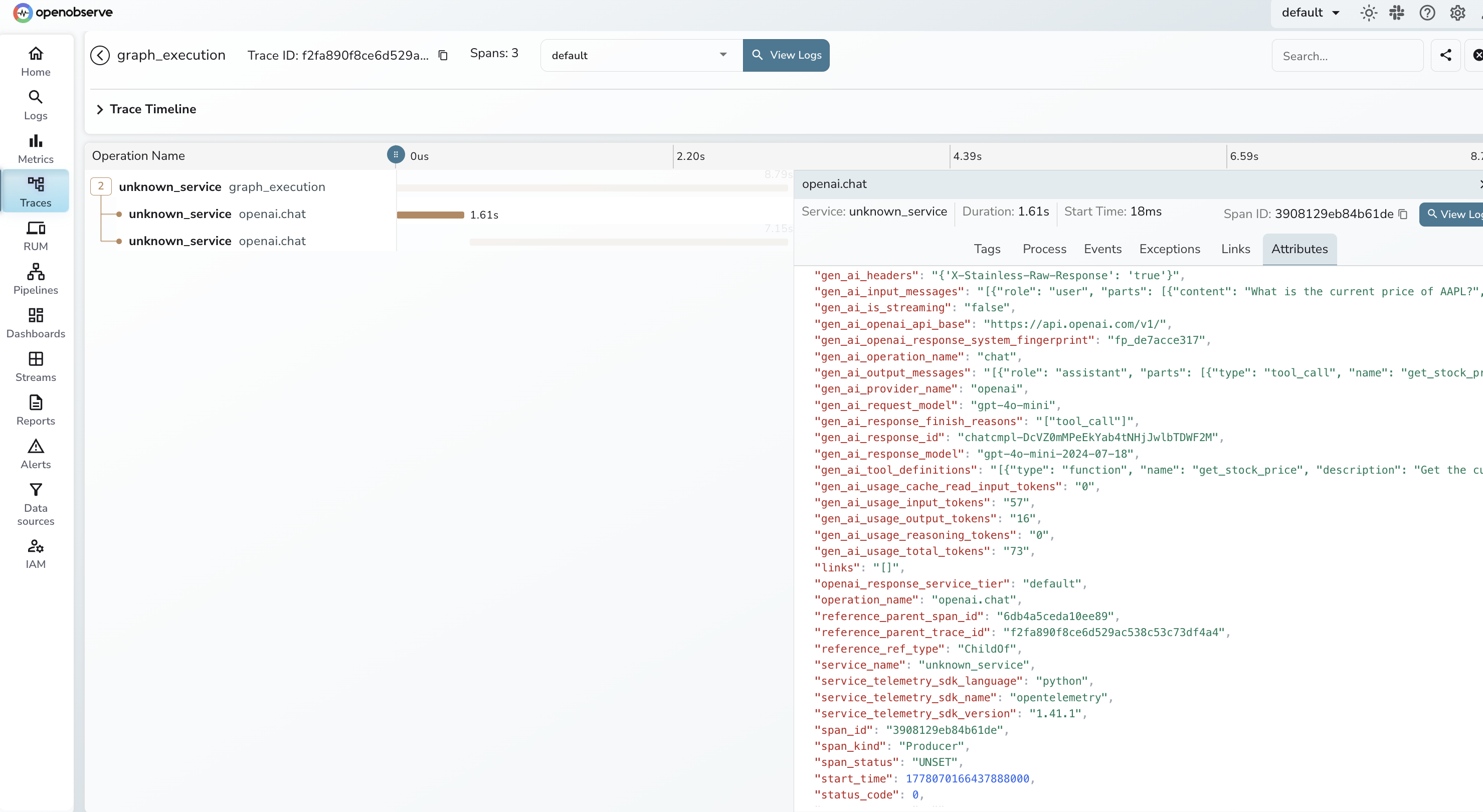 LangChain ReAct agent trace waterfall in OpenObserve showing root span, LLM call child spans with token counts, and tool call child span with timing bars