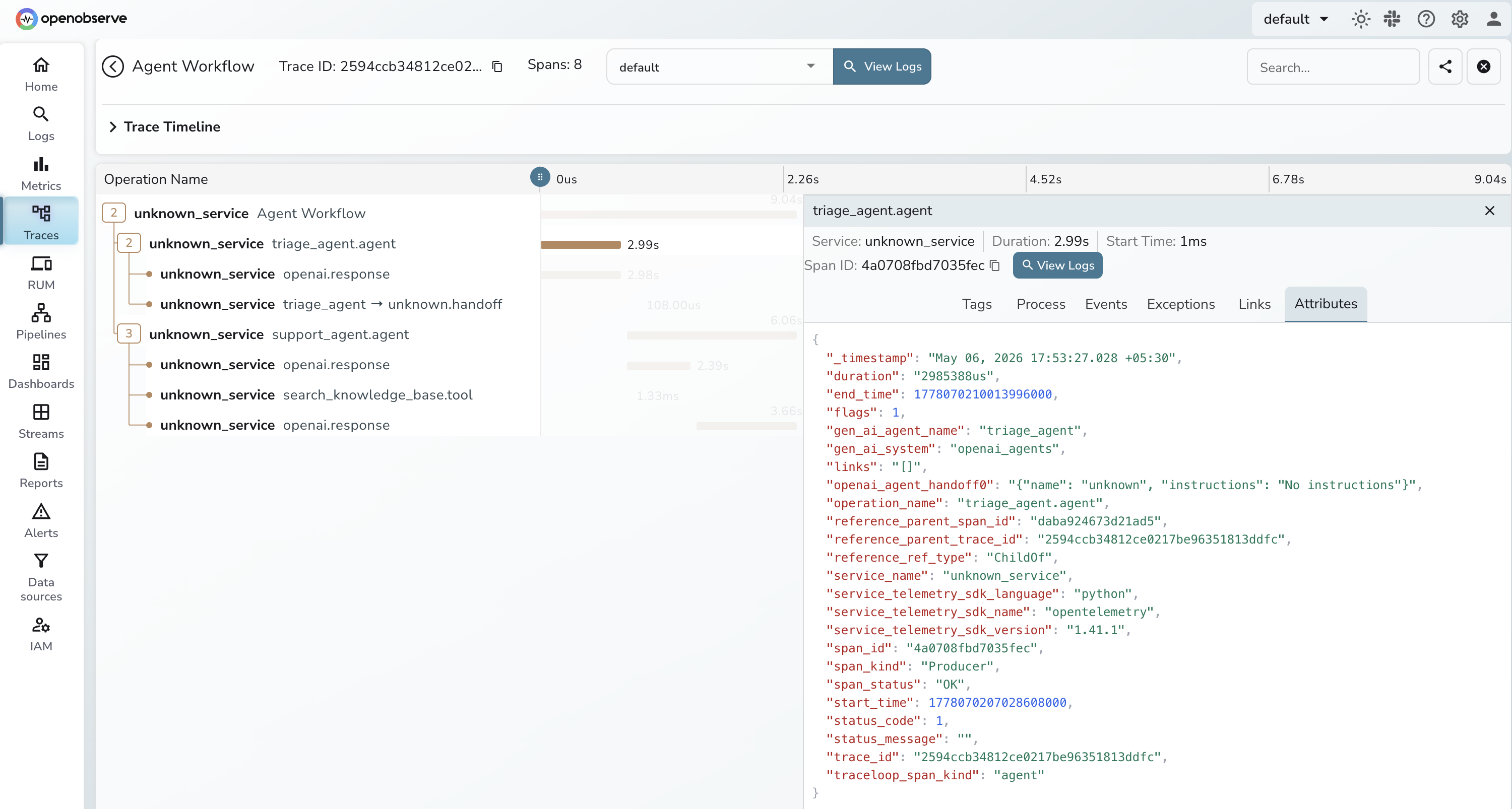 OpenAI Agents SDK two-agent handoff trace in OpenObserve showing triage_agent root span, handoff child span, support_agent span, and LLM generation spans with token attributes
