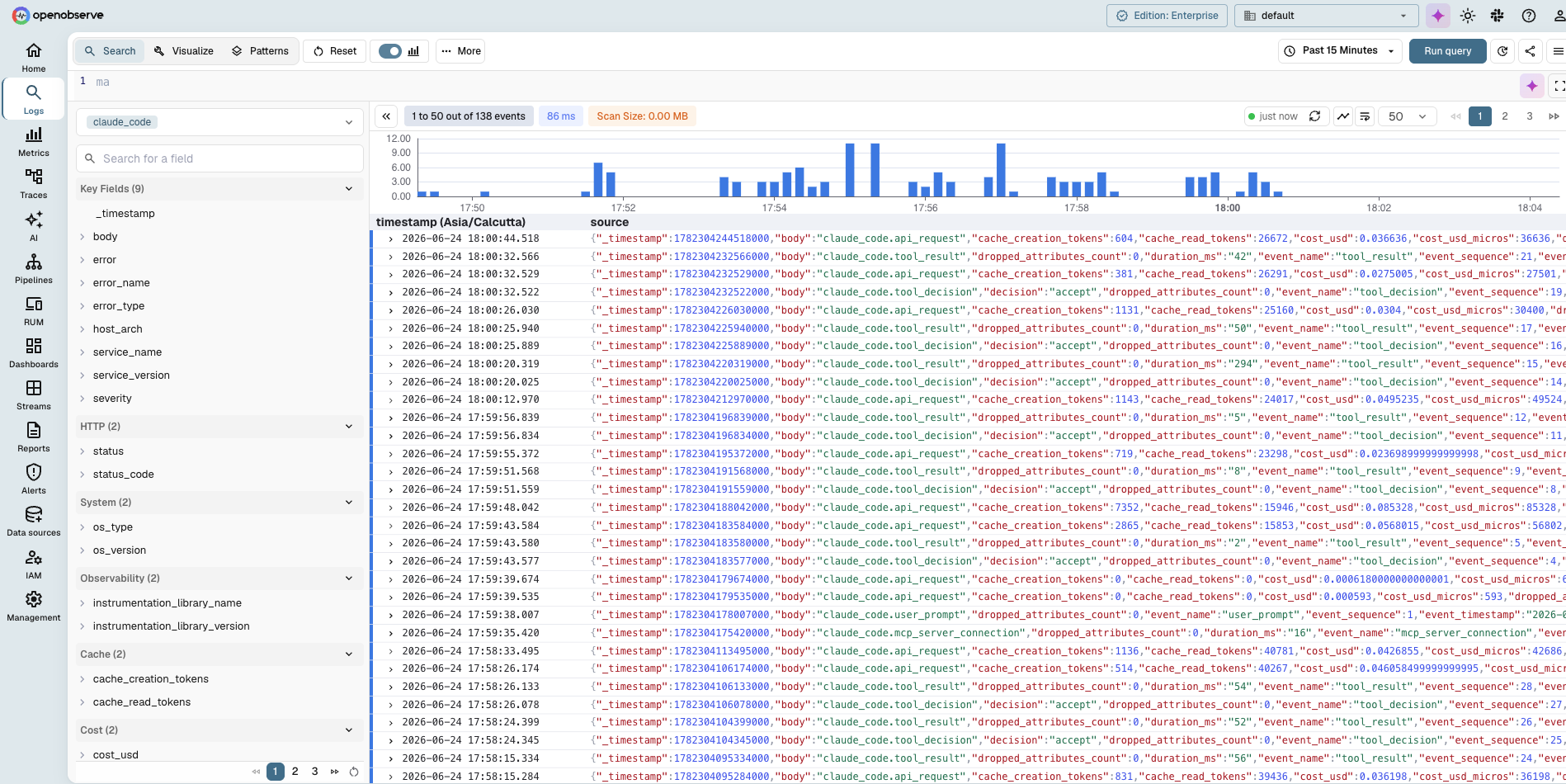 OpenObserve Logs view with claude_code events streaming in