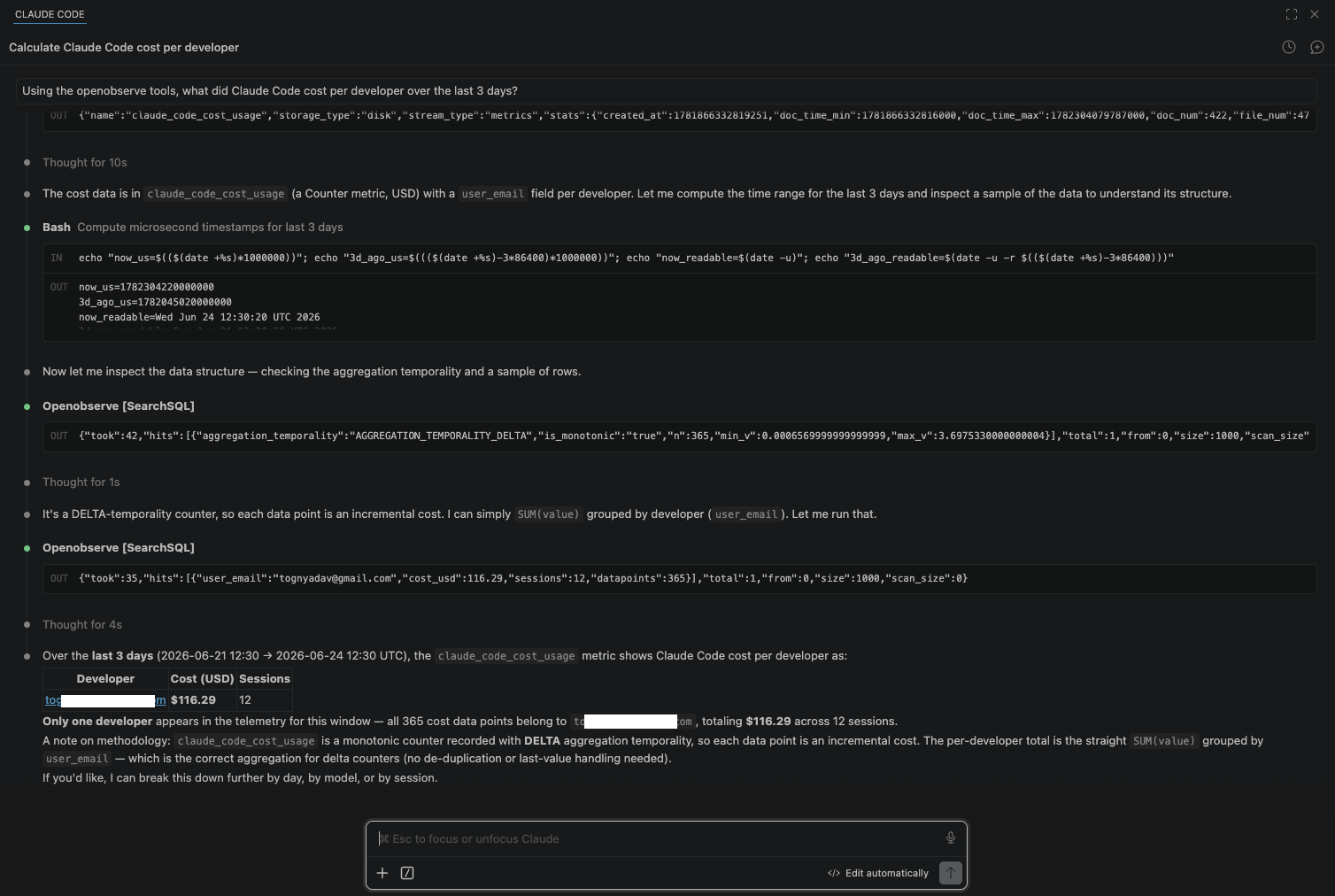 Claude Code asking the OpenObserve MCP server for cost per developer and getting a table back