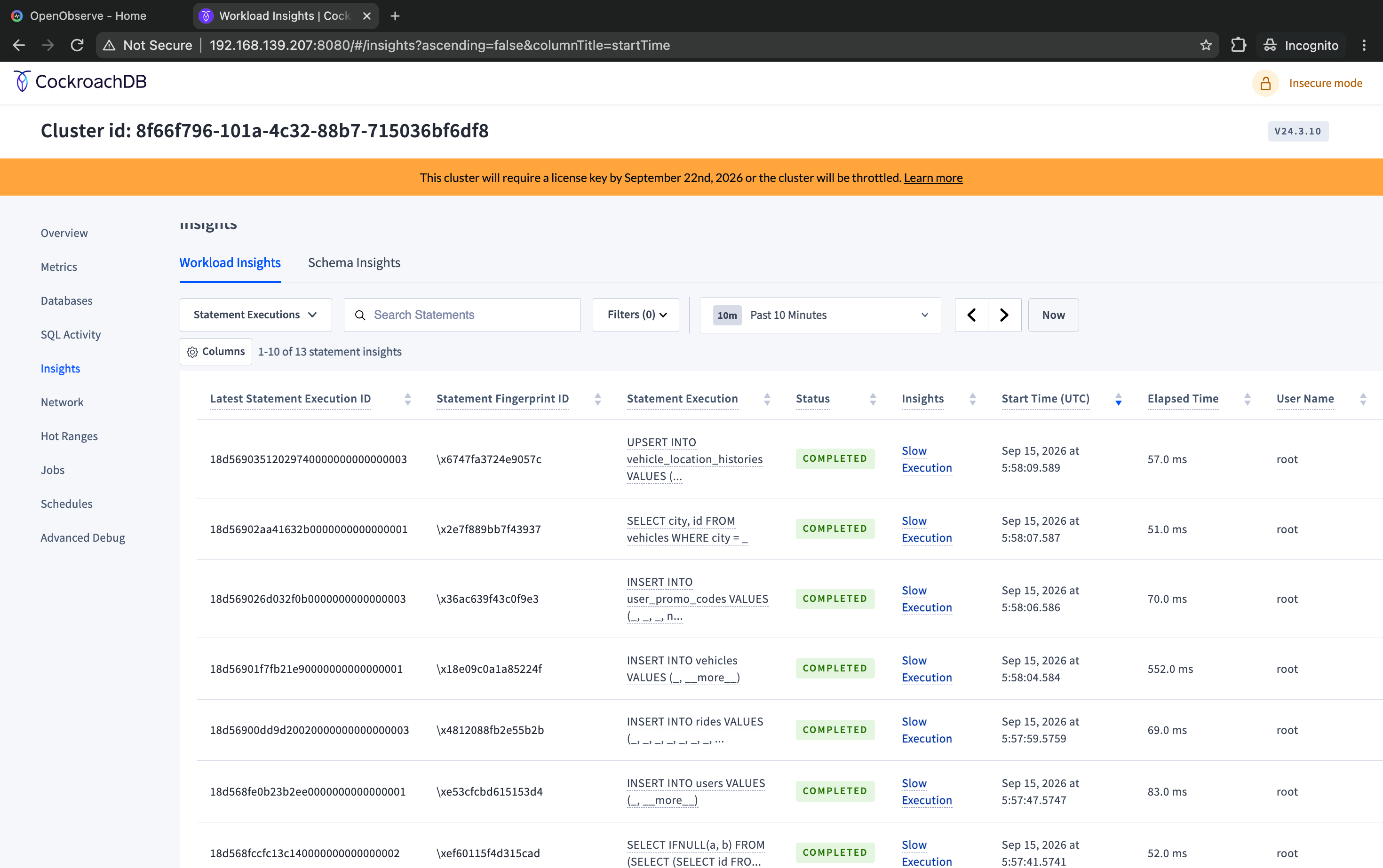 CockroachDB DB Console Cluster Insights