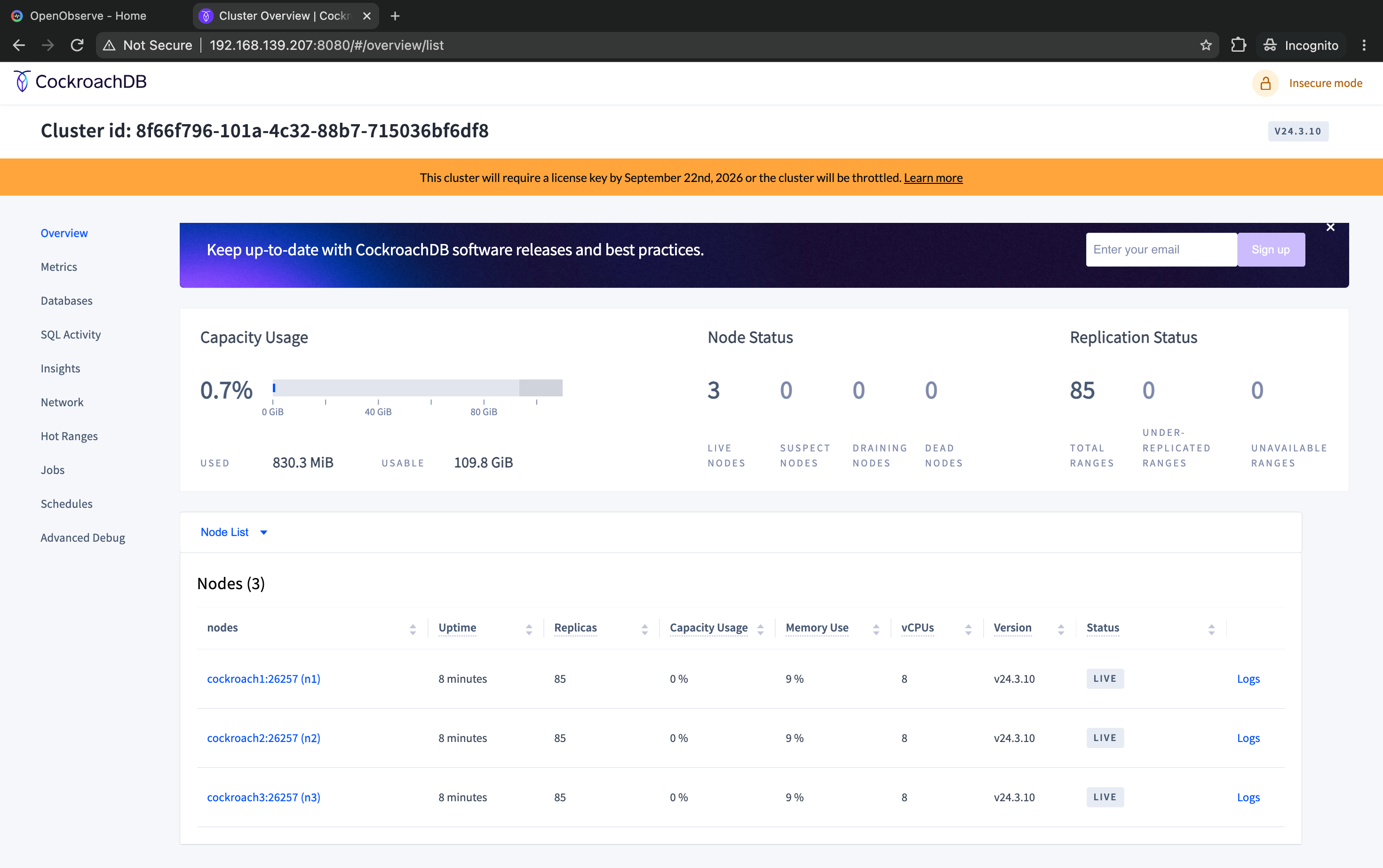 CockroachDB DB Console overview showing three live nodes