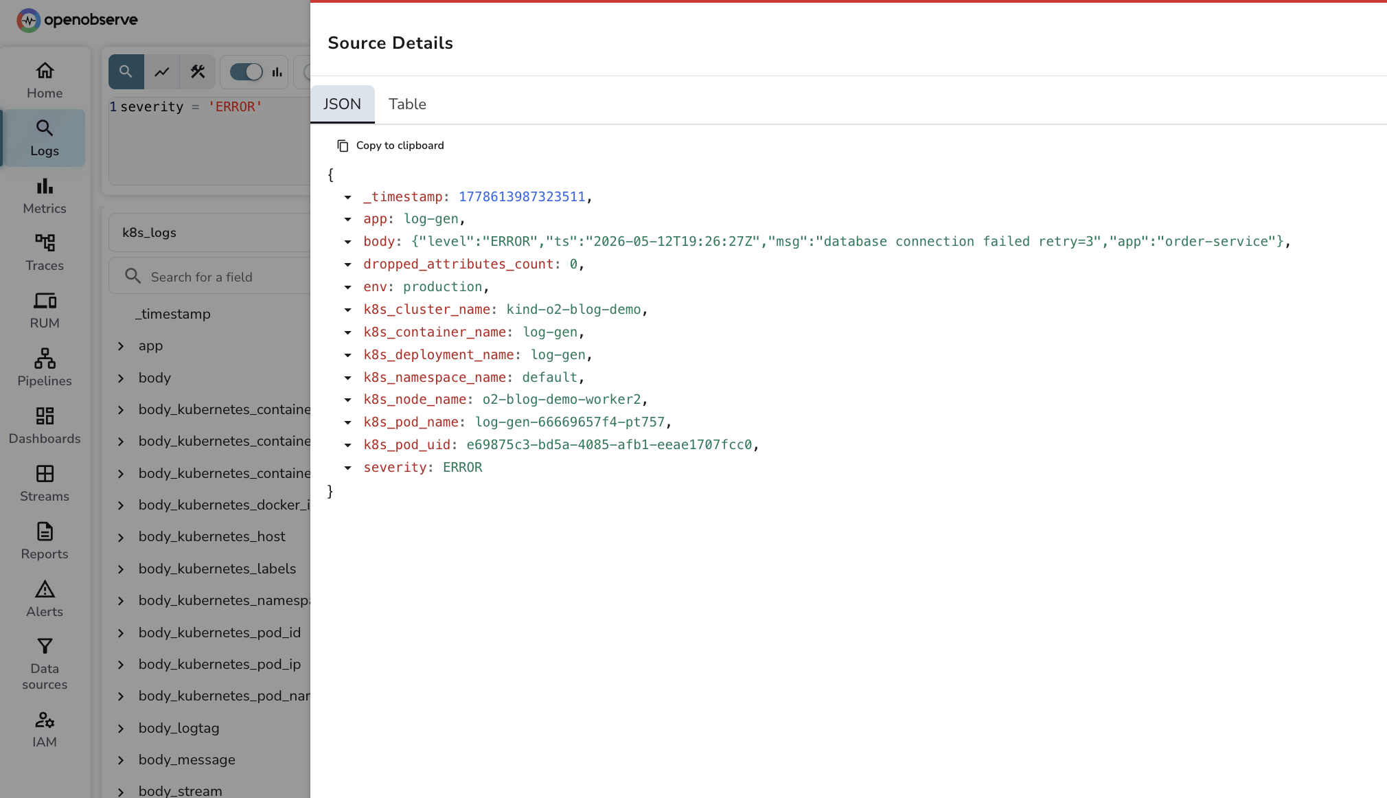OpenObserve Logs view showing the k8s_logs stream with enriched k8s_namespace_name, k8s_pod_name, severity, and body fields