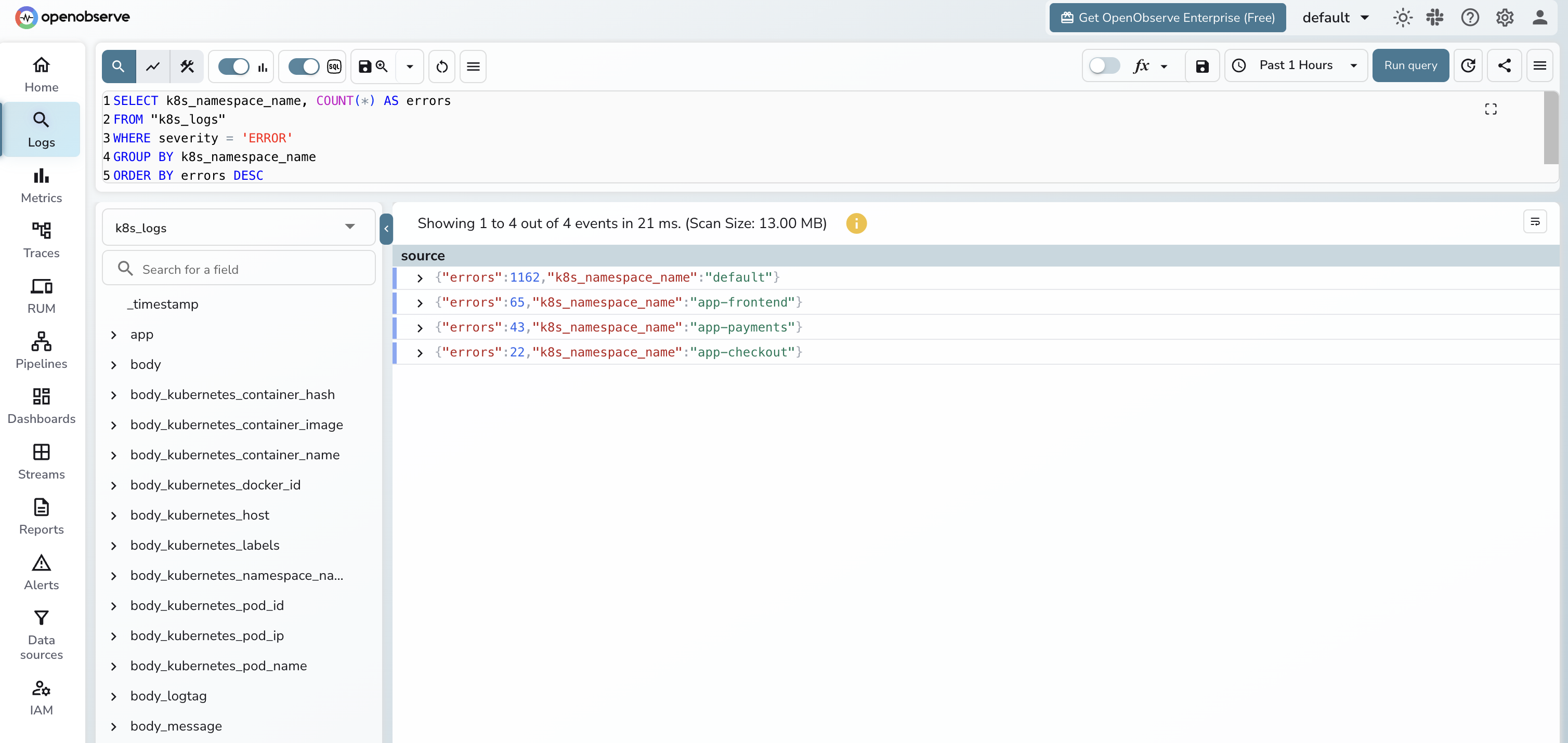 OpenObserve SQL editor showing the errors-per-namespace query and ranked results