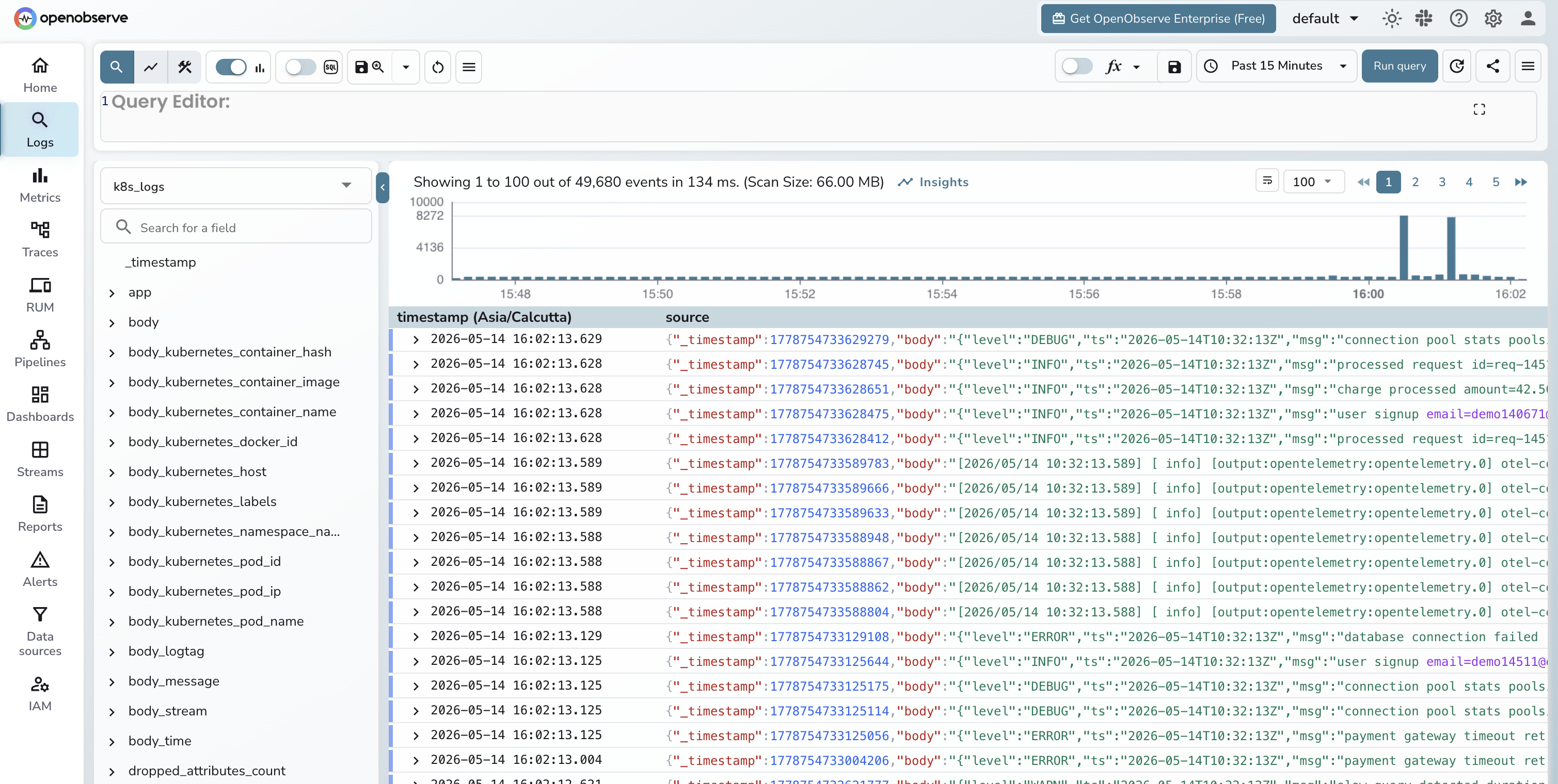 OpenObserve Logs view showing k8s_logs stream populated by the openobserve-collector chart