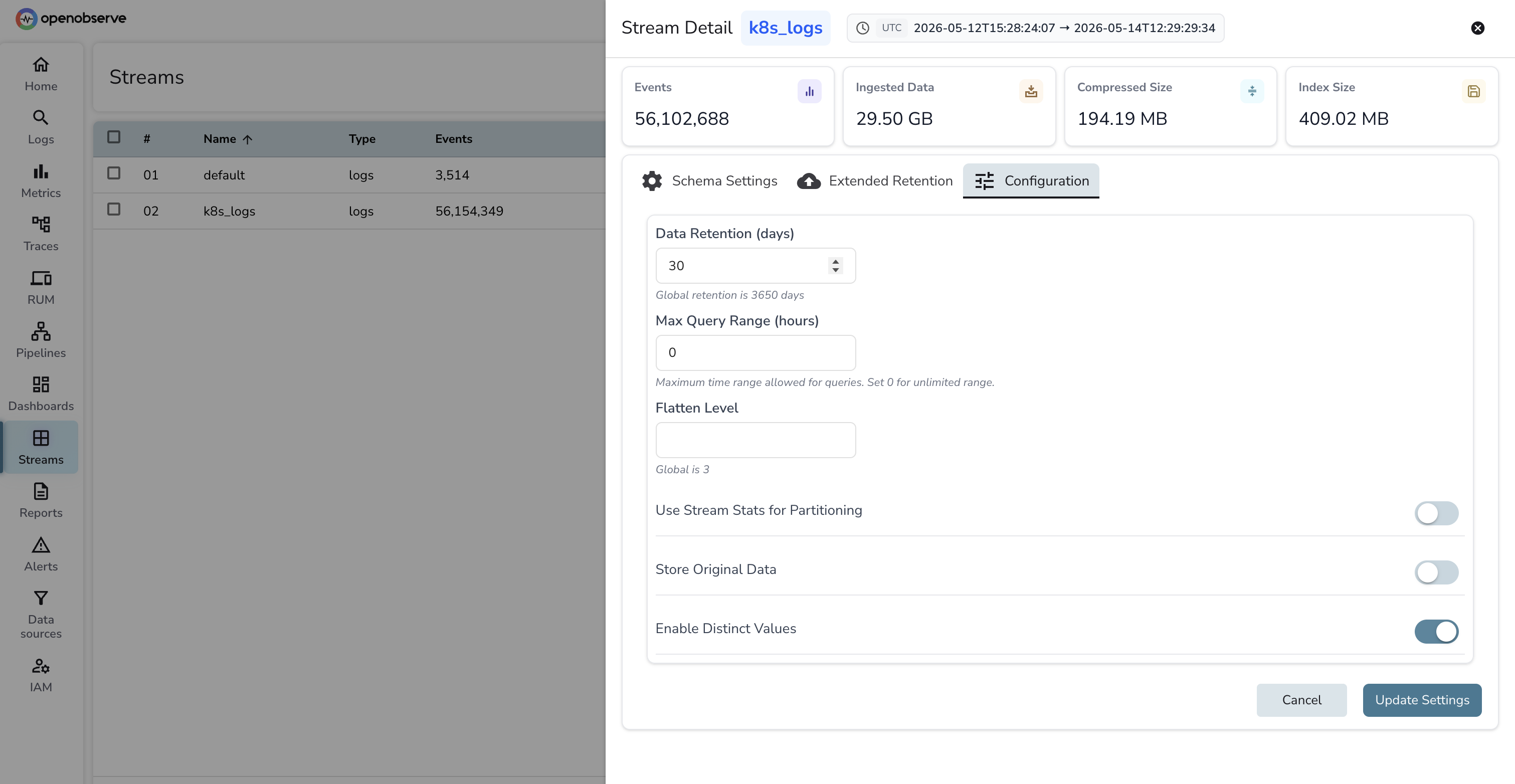 OpenObserve stream settings panel for k8s_logs showing the Data Retention (days) field