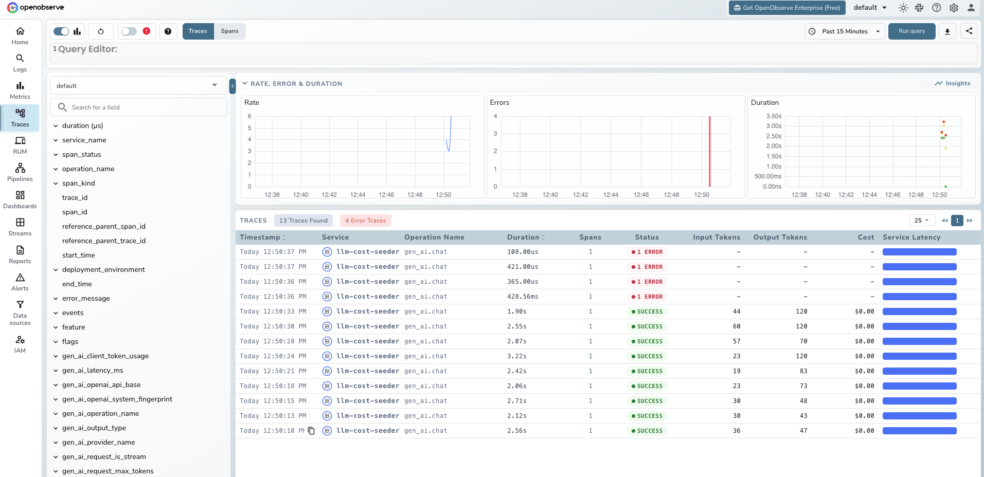 OpenObserve Traces view showing LLM spans with token usage and cost attributes