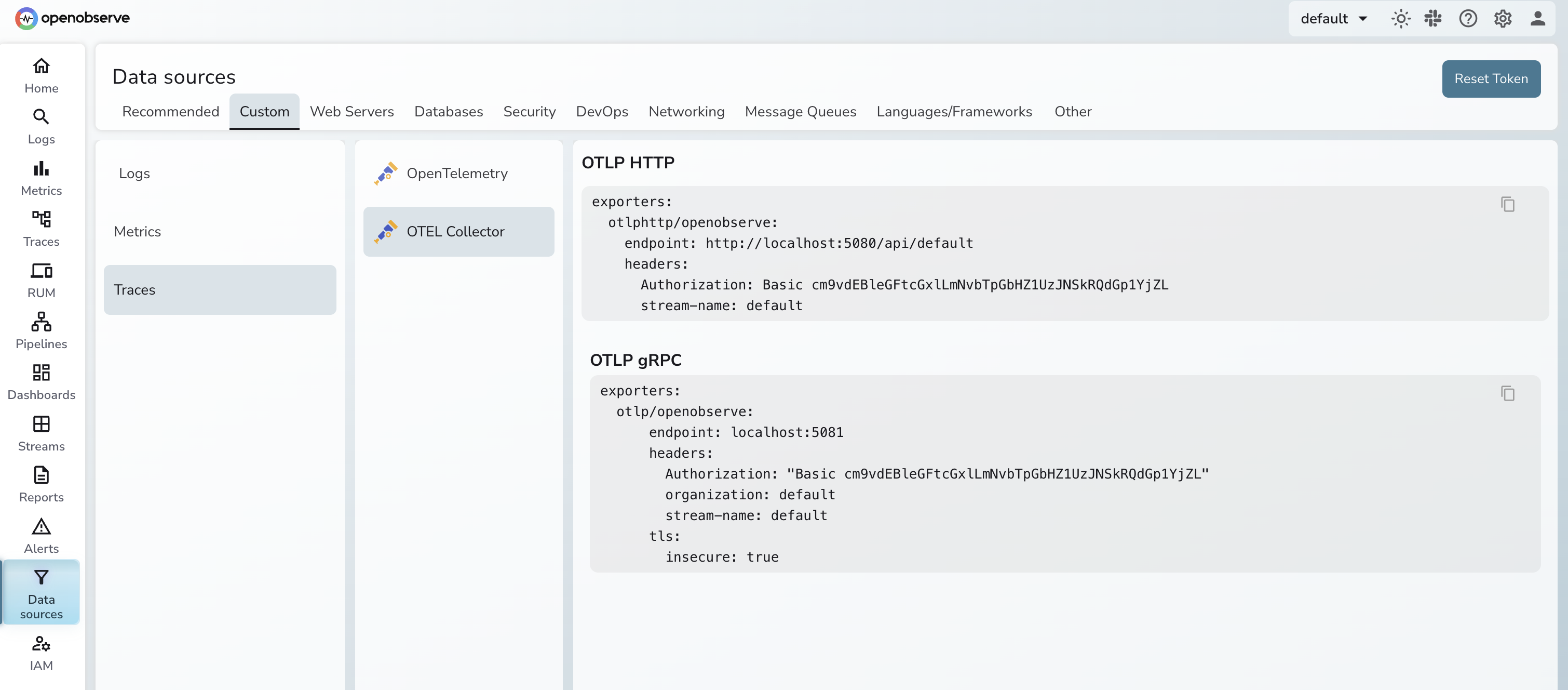 OpenObserve Data Sources UI showing the OTEL Collector endpoint and Authorization header to copy into the exporter config