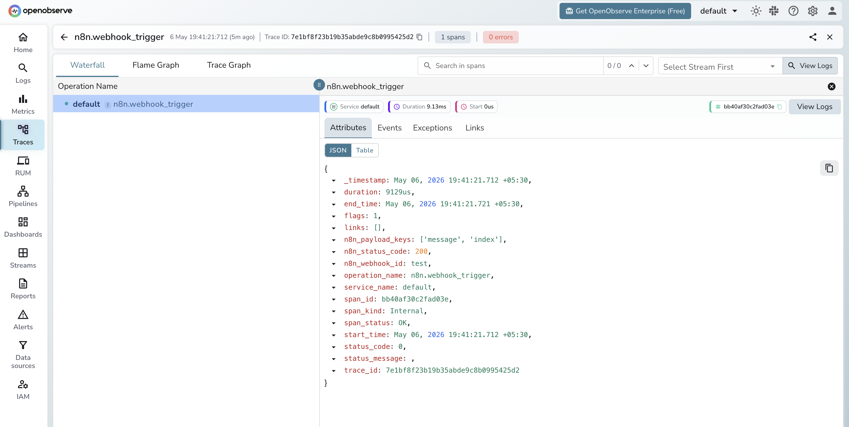 OpenObserve Traces explorer filtered to n8n.webhook_trigger spans showing latency, status, and webhook_id attributes