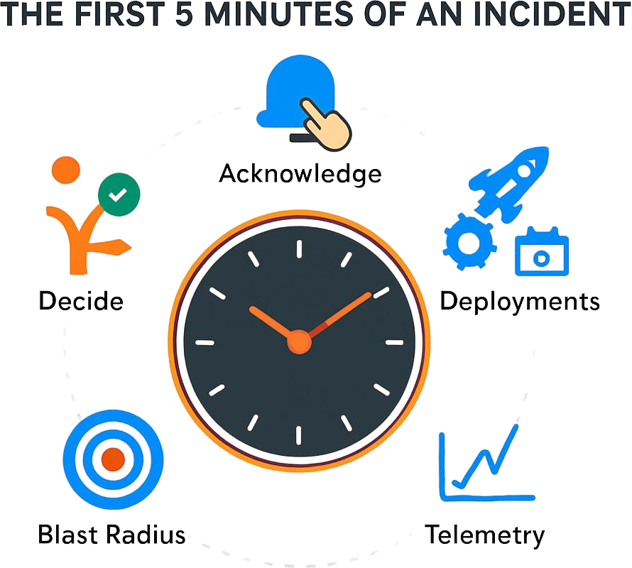 On-call runbook first 5 minutes checklist with acknowledgment, deployment check, telemetry, blast radius, and rollback decision steps