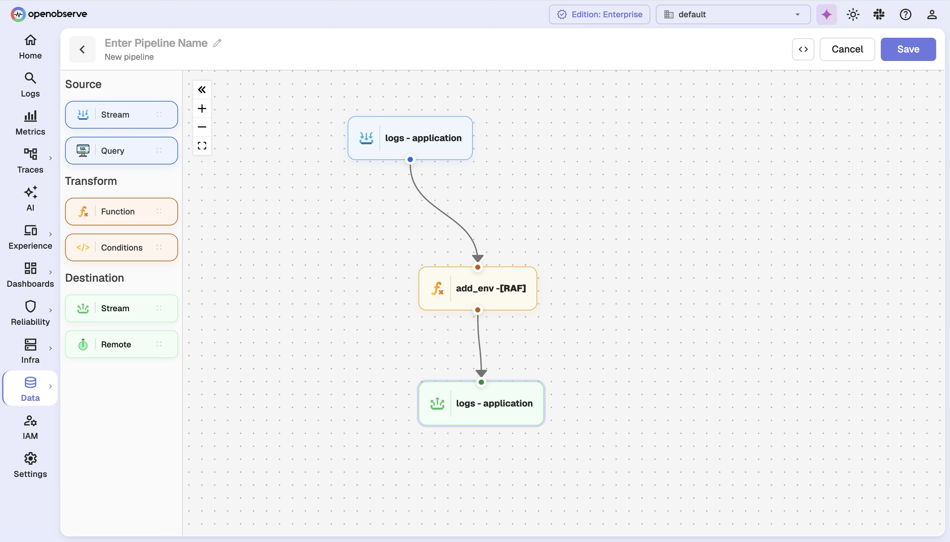 OpenObserve UI: the Pipelines editor canvas showing a real-time pipeline