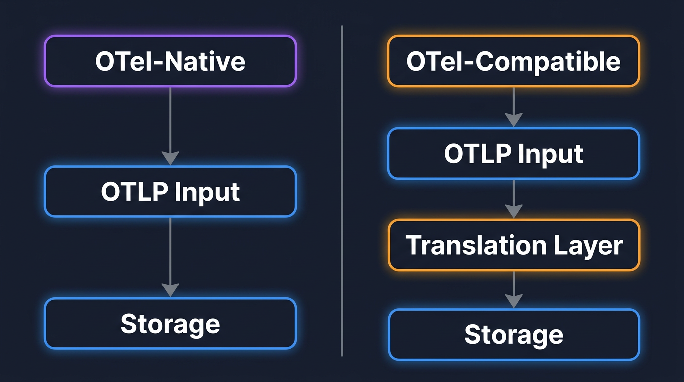 OTel-native vs OTel-compatible backend architectures, side by side