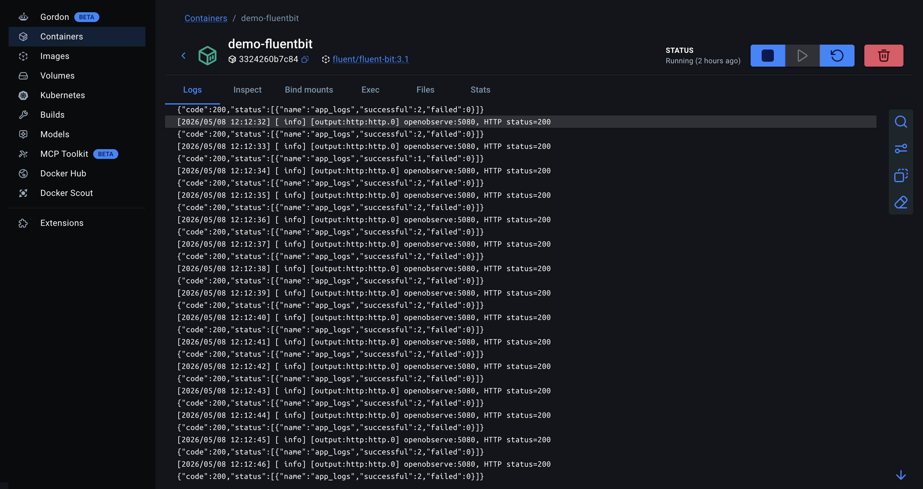 Fluent Bit logs showing successful HTTP 200 responses from OpenObserve, with the JSON success body confirming records ingested into the app_logs stream