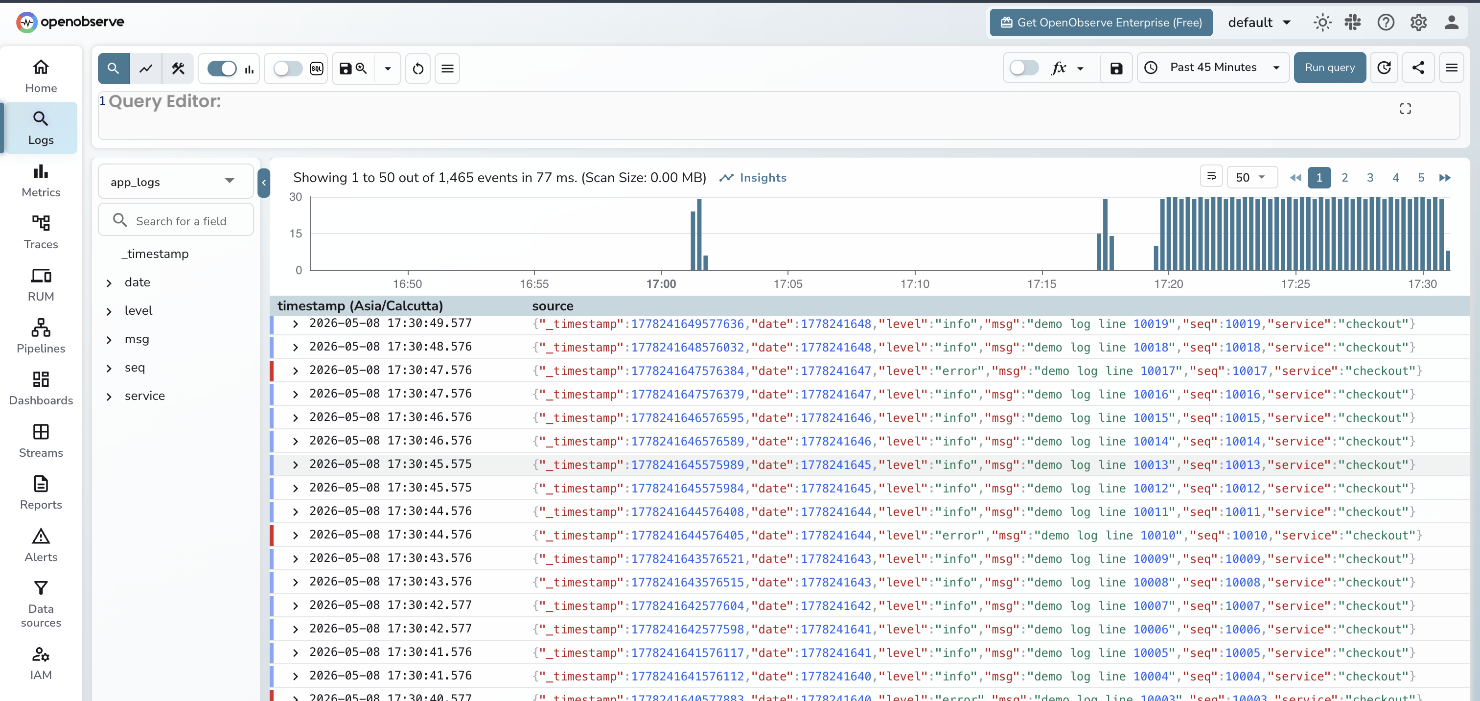 OpenObserve Logs UI showing the app_logs stream populated with log entries after the cutover