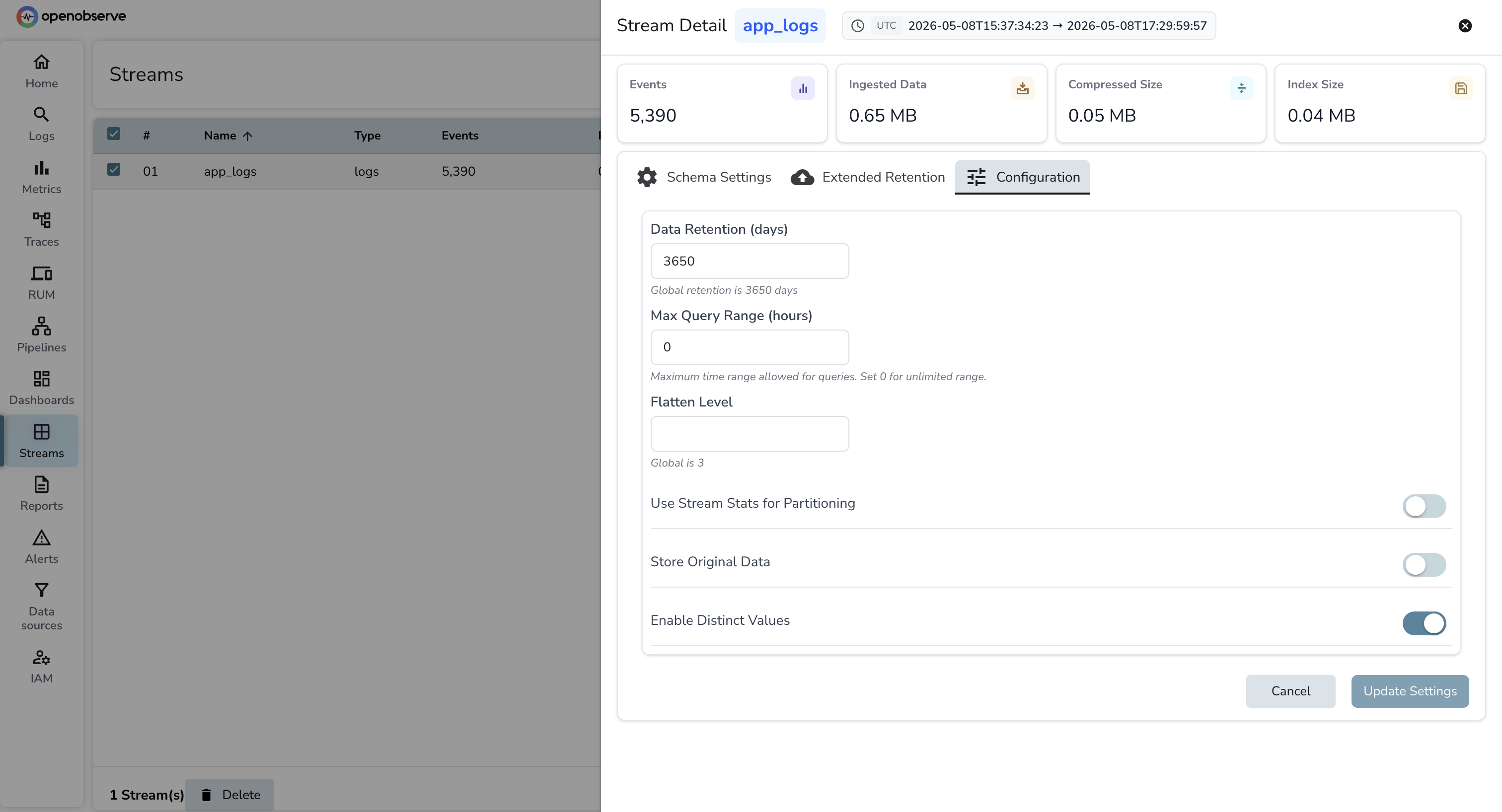 OpenObserve stream settings Configuration tab showing a single Data Retention (days) field as the only lifecycle control, with no shard or ILM settings