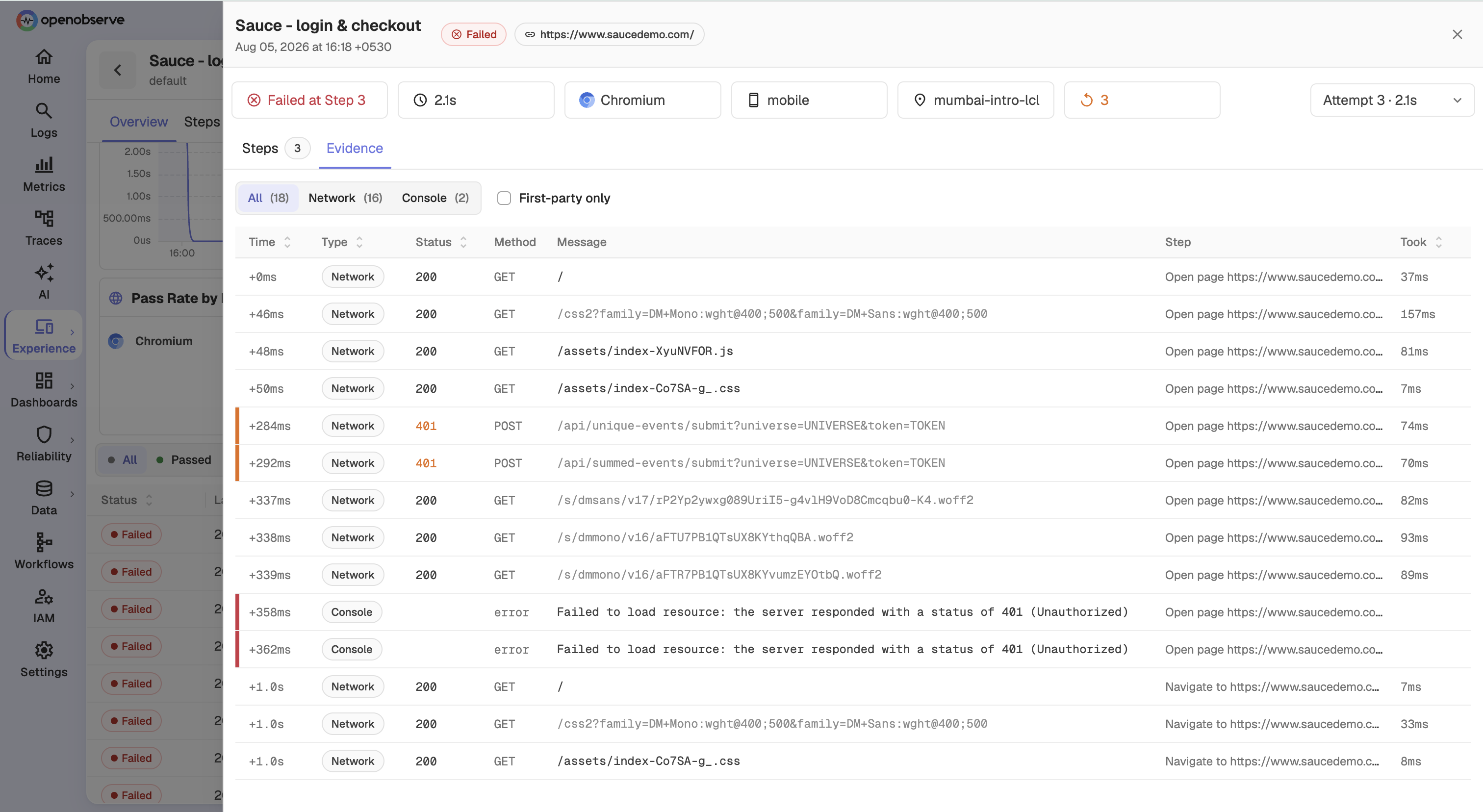 Every failed step comes with an evidence panel: what happened, where it broke, and a screenshot of the exact moment.