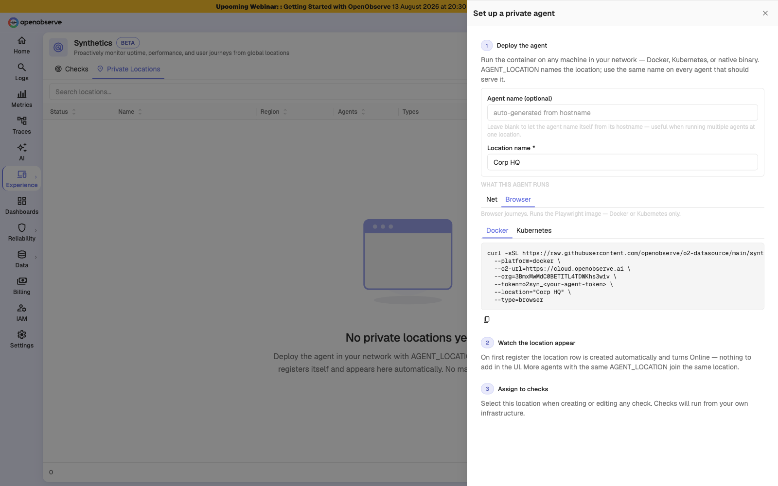 Private Locations: an agent inside your network connects out over HTTPS only, no inbound port, no third-party credentials.