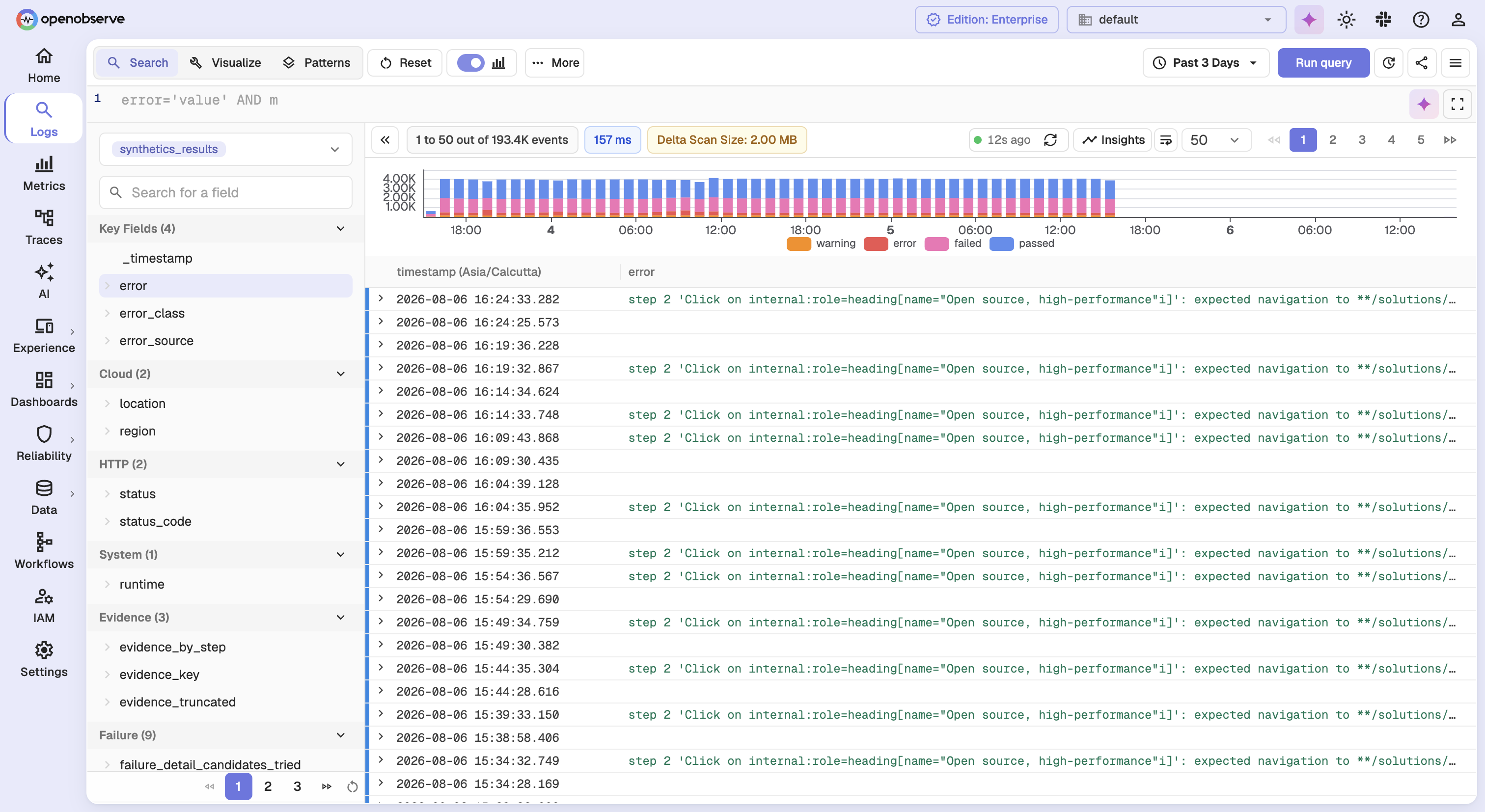 Every check result lands in a native stream, `synthetics_results`.