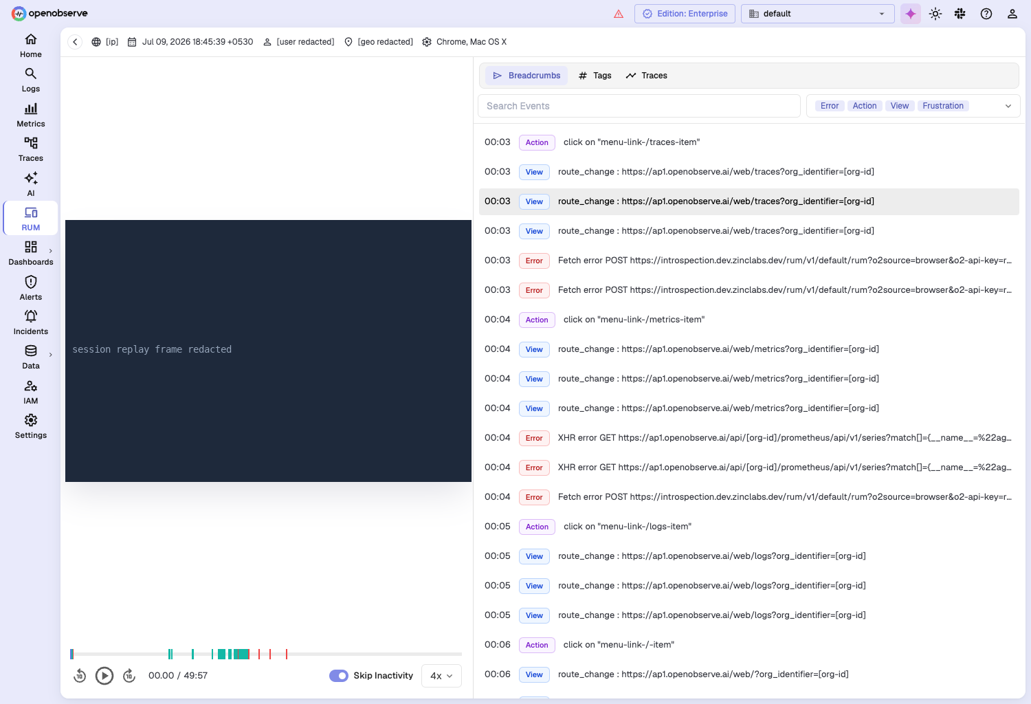 OpenObserve RUM session view with the replay panel and a breadcrumb timeline of Action, View, and Error events showing the user navigating traces, metrics, and logs, with user identity and org identifier redacted